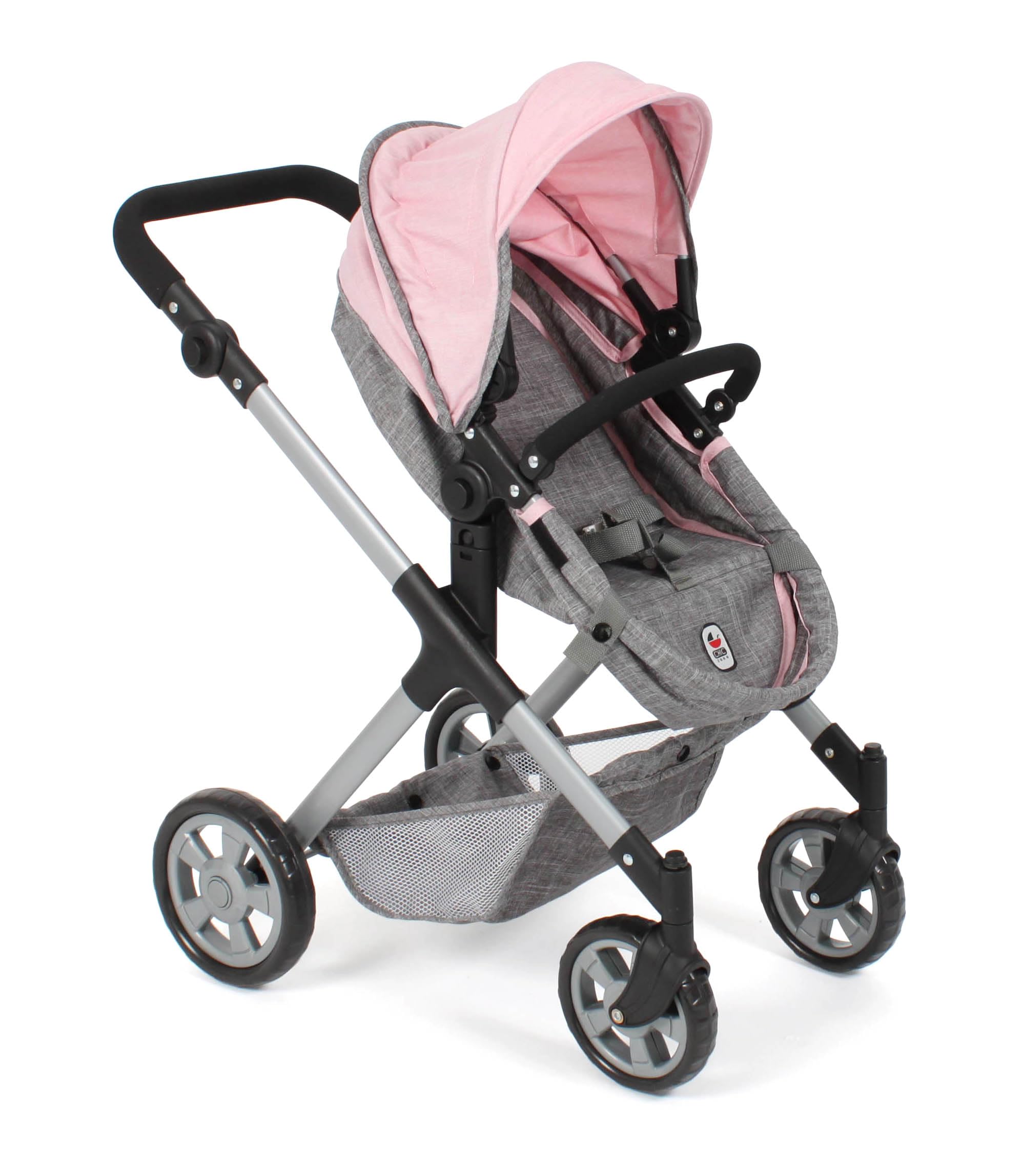 Bayer Chic 2000 Cochecito de muñecas Mila 2 en 1, Color Gris y Rosa, Mango Regulable en Altura de 39 a 72 cm, Estructura Moderna, muñecas de hasta 50 cm, 3-7 años
