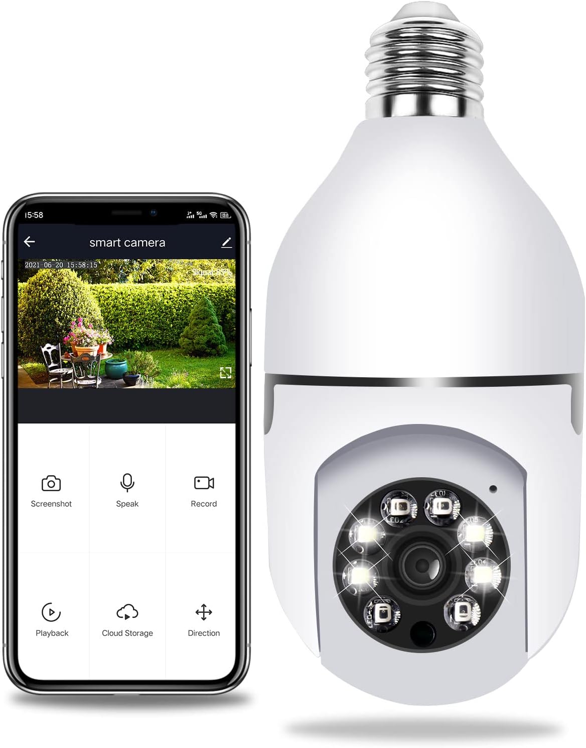 The Qilmy Pan Tilt Security Light Camera next to a smartphone displaying the camera's live feed and control options within the app.