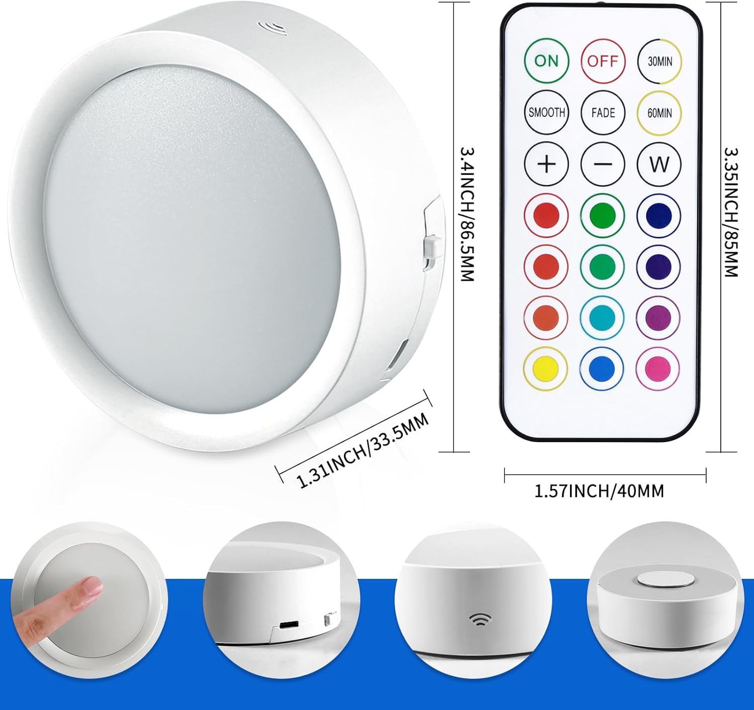 Remote Control LED Puck Lights, 4 Pack Rechargeable LED Under Counter Lights with Functional Remote Control, Wireless Under Kitchen Cabinet Lamp, Dimmable and Multi Colors Lighting