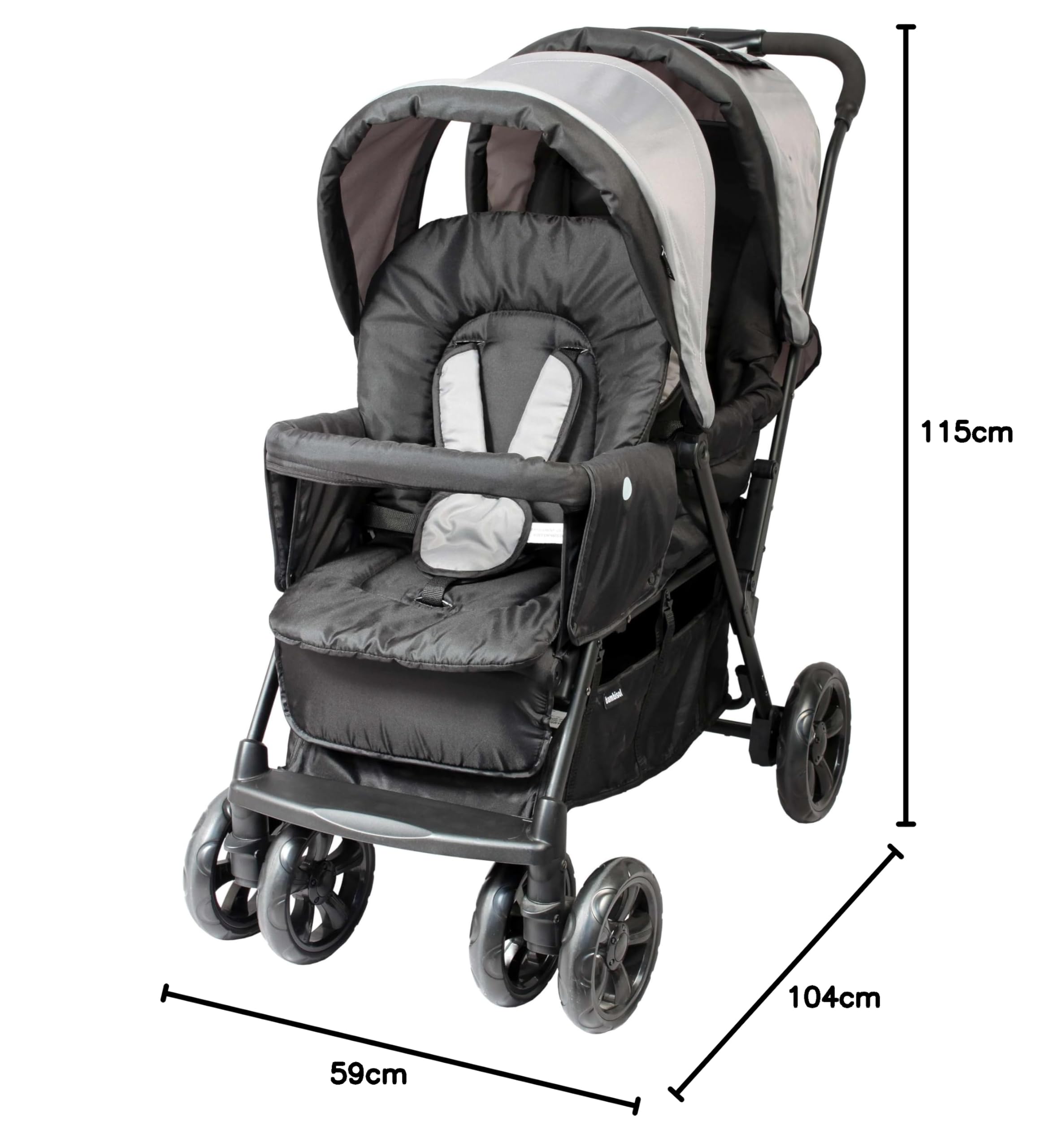 BAMBISOL | Poussette Double Bébé & Nouveau-Né | Siège Allongeable | Pliage 1 Main | Habillage Pluie Inclus | Dossiers Réglables, Harnais 5 Points | Grand Panier | Légère & Compacte | Gris Noir