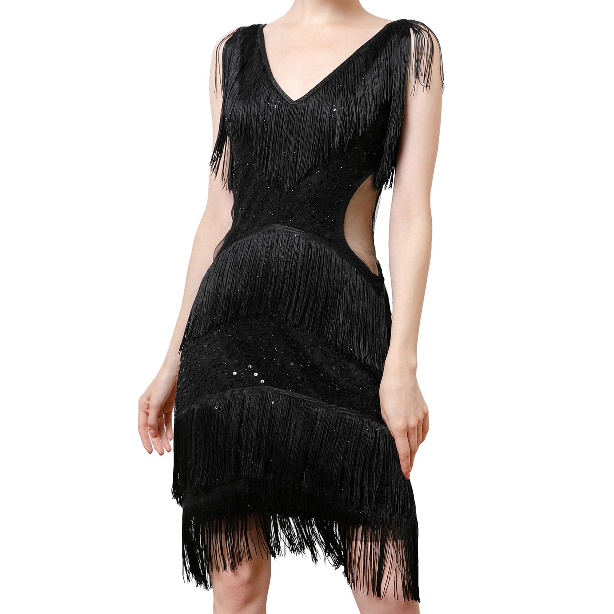 MUNAFIE Jaren-20-jurk, paillettenjurk, franjesjurk, V-hals, glitterjurk