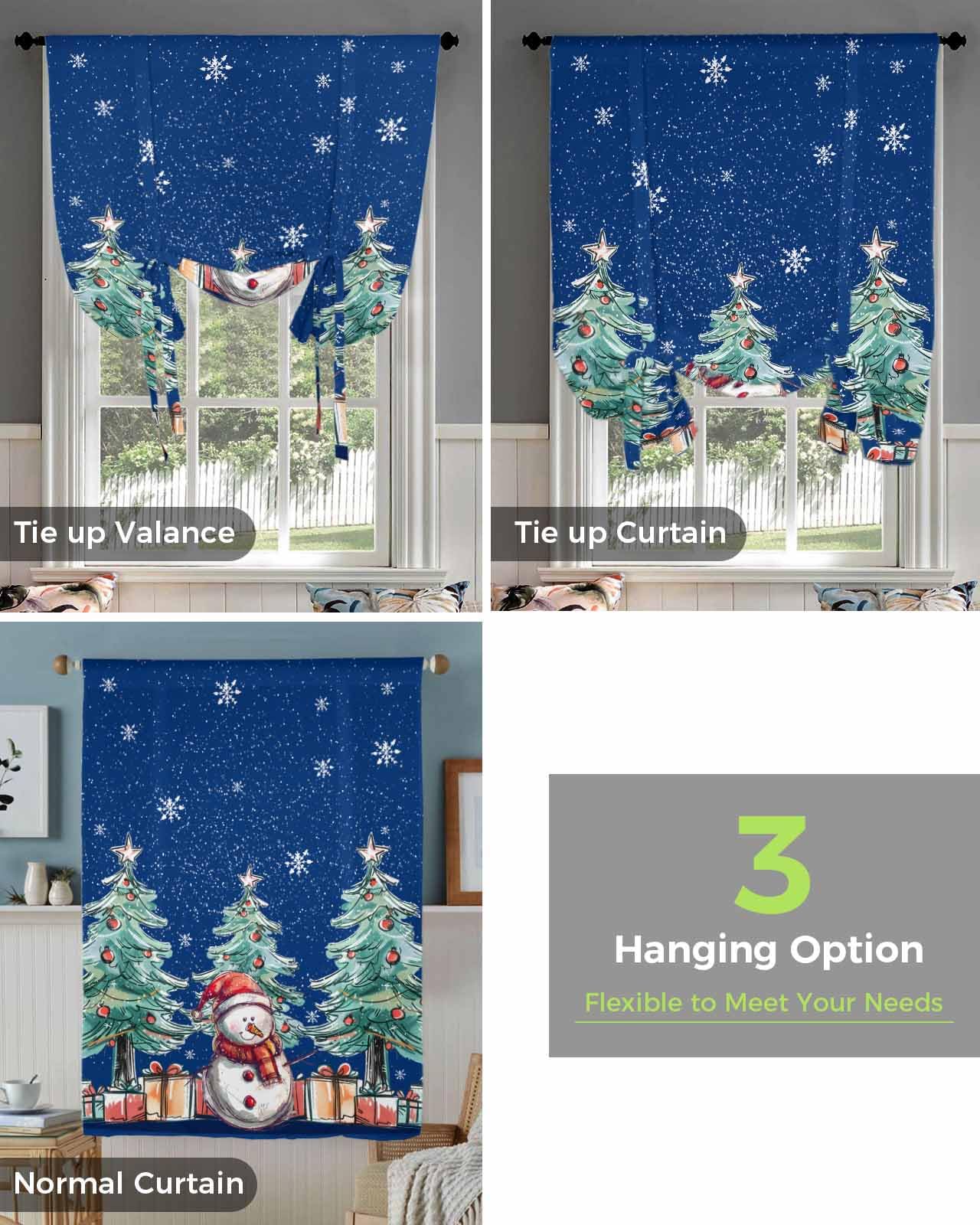 Christmas Snowman Tie Up Curtain for Window Blackout Balloon Valance Curtain for Bathroom Winter Xmas Tree Balls Snowflake Navy Blue Adjustable Window Shade for Kitchen Living Room Bedroom 52