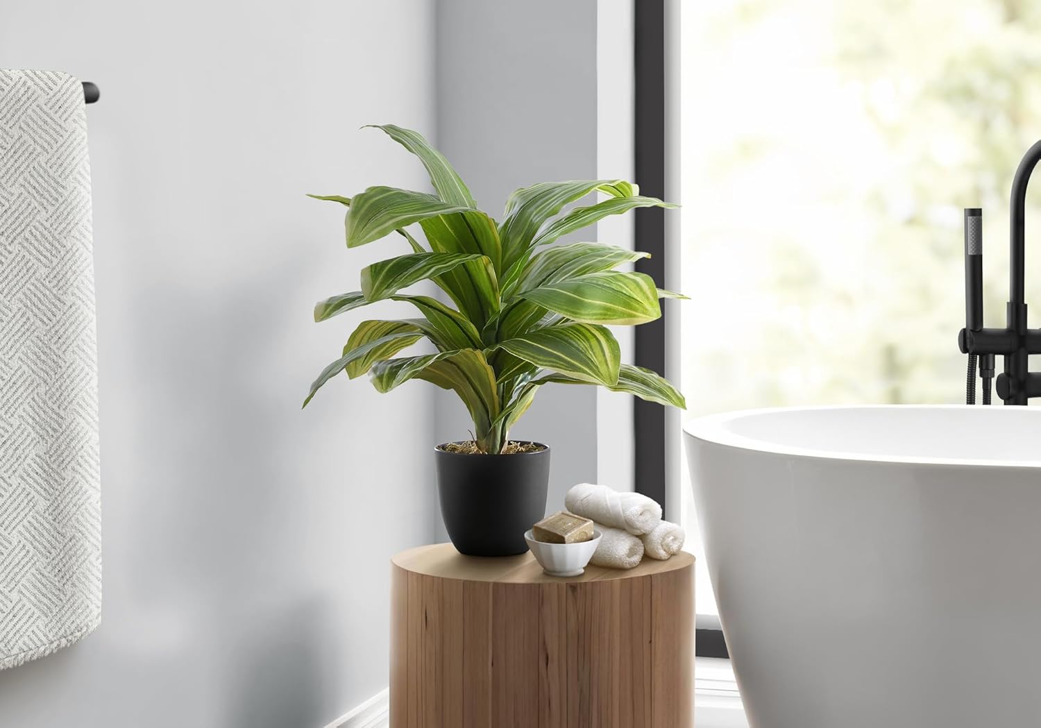 Artificial Dracaena Plant, 17" Tall, Faux Indoor Greenery with Real Touch Green Leaves, Black Pot