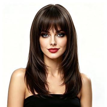 Rugelyss Dark Brown Long Wavy Wig with Bang,Chocolate Layered Synthetic Hair Wigs for Women with Side Parting