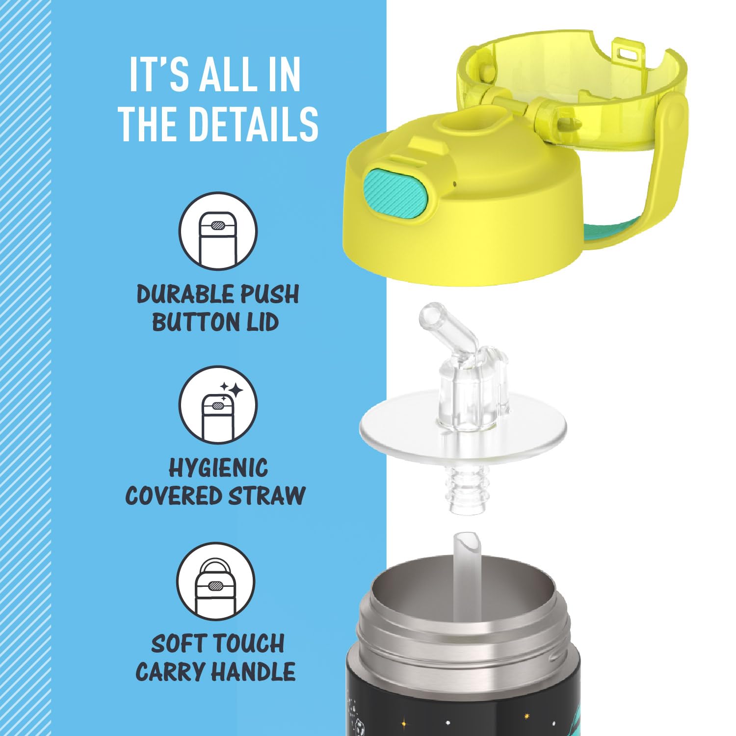 THERMOS FUNTAINER Trinkflasche mit Strohhalm, 340 ml, Out of This World | Isolierte Edelstahl-Wasserflasche für Kinder, hält Getränke länger kalt für Schule und Spiel, BPA-frei