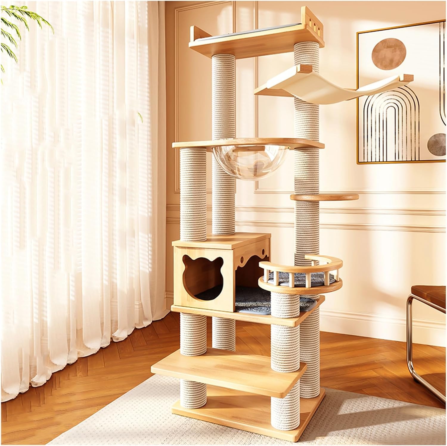 Rubberwood Multi-Platform Cat Tree Thickened Pine Posts with Hammock Enlarged Clear Acrylic Cat-Bowl Viewing Platform