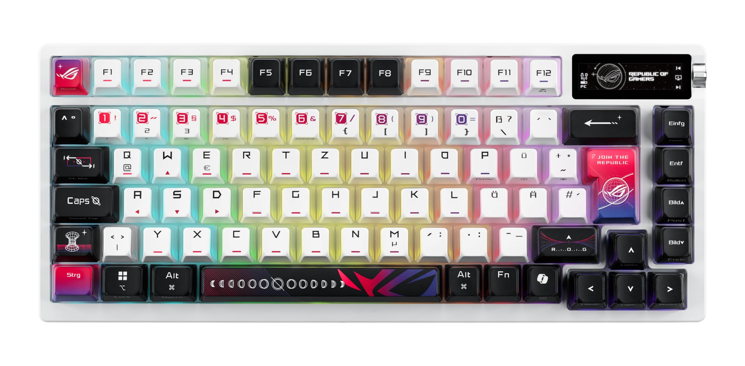 ASUS ROG Azoth X 75% Wireless Custom-Gaming Tastiera (layout QWERTZ, switch meccanici hot-swap ROG NX V2, Bluetooth, 2,4 GHz RF Wireless, USB, SpeedNova, display OLED, bianco)