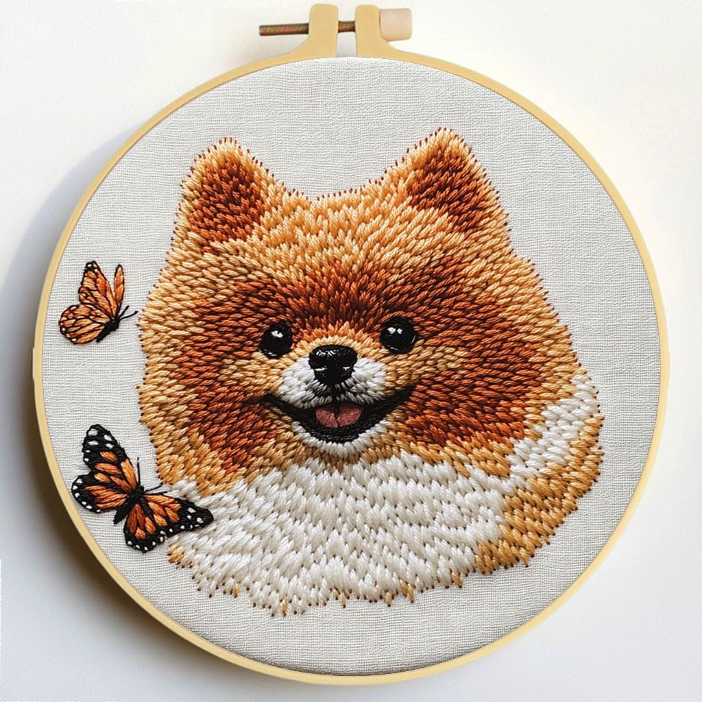 Punch Needle Kits Pomeranian Dog and Butterfly 20x20cm-3