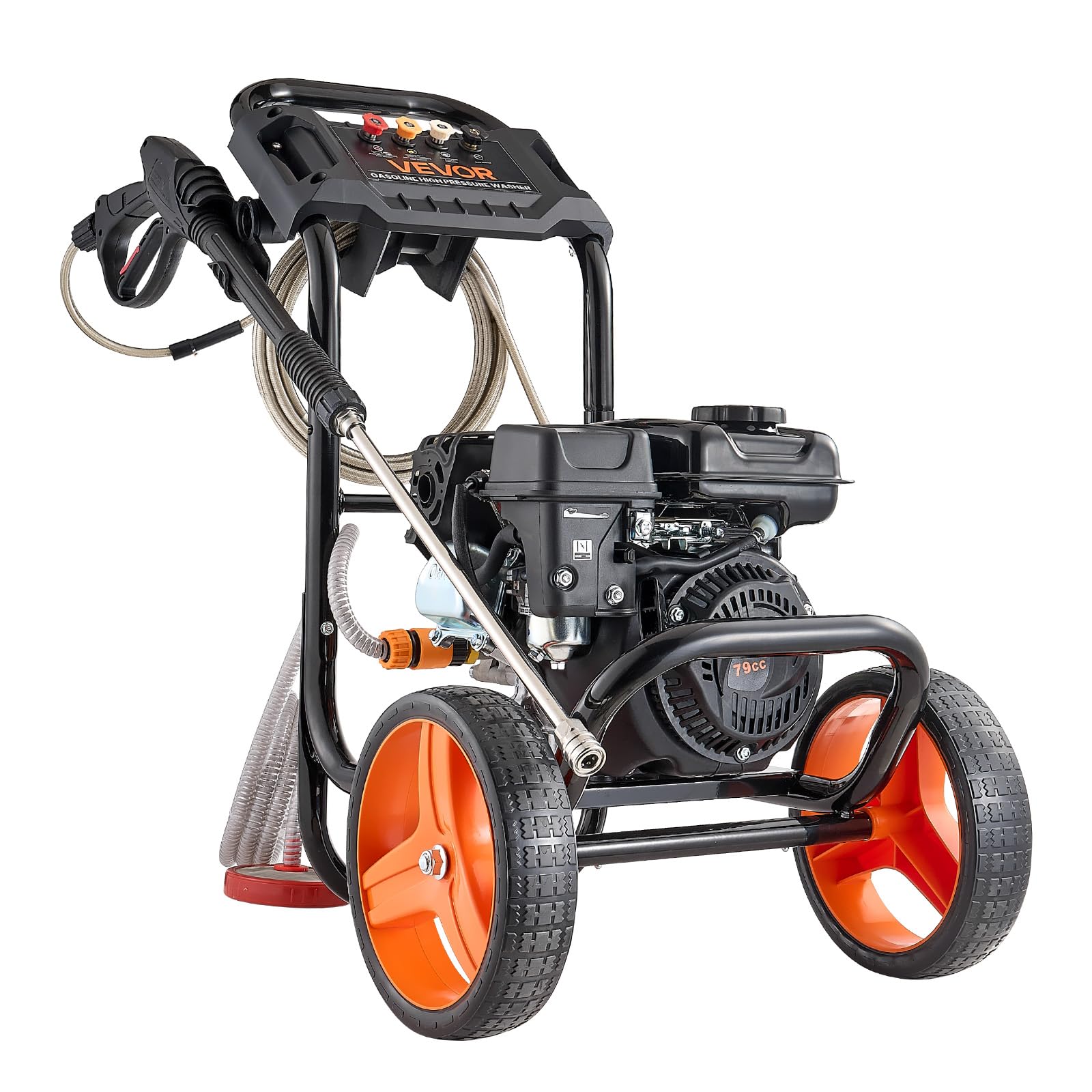 VEVOR Hidrolimpiadora de Alta Presión 2900 PSI 7 L/min, Lavadora de Gasolina de Alta Presión de Perfil Bajo con Bomba de Aluminio, Manguera de 7,9 m, 4 Boquillas, Ruedas para Coches Ventanas Paredes