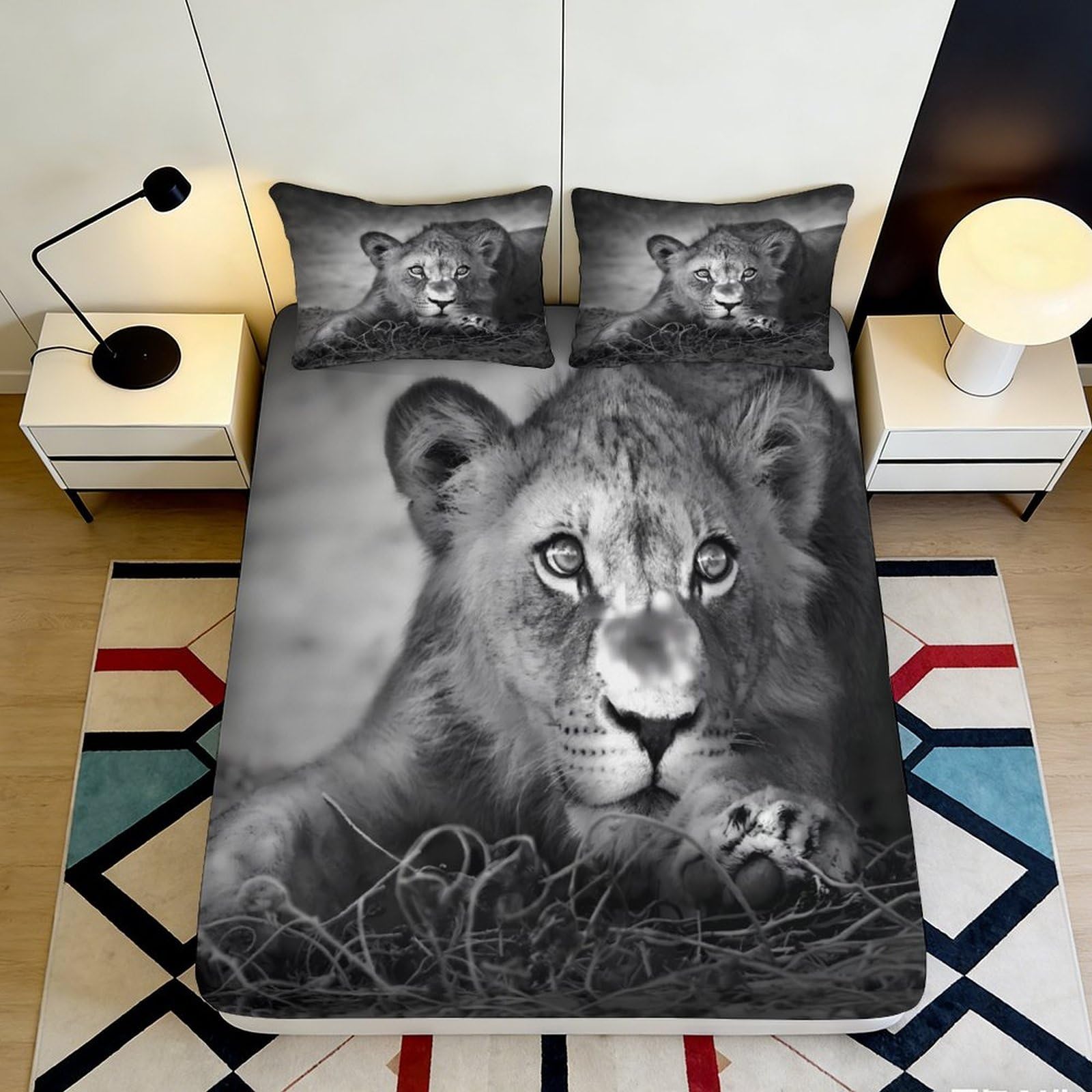 3D Printed Lion Portrait Fitted Sheet Microfiber Soft Black White Cub Bed Cover for Bedroom Guestroom Mattress Protection 90x200x25cm