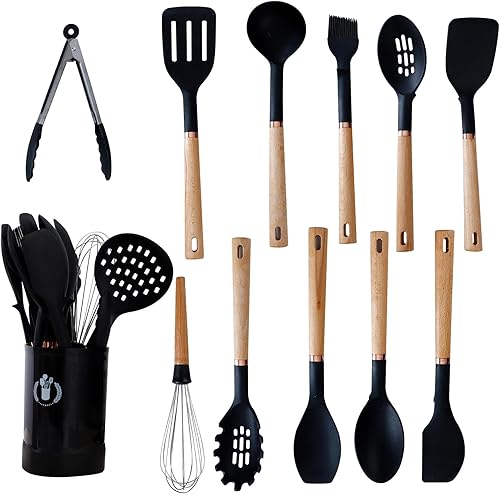 Miniatura 1 de Juego de utensilios de cocina de silicona, juego de 13 utensilios de cocina para cocinar, juego de espátulas sin BPA con asas de madera resistentes