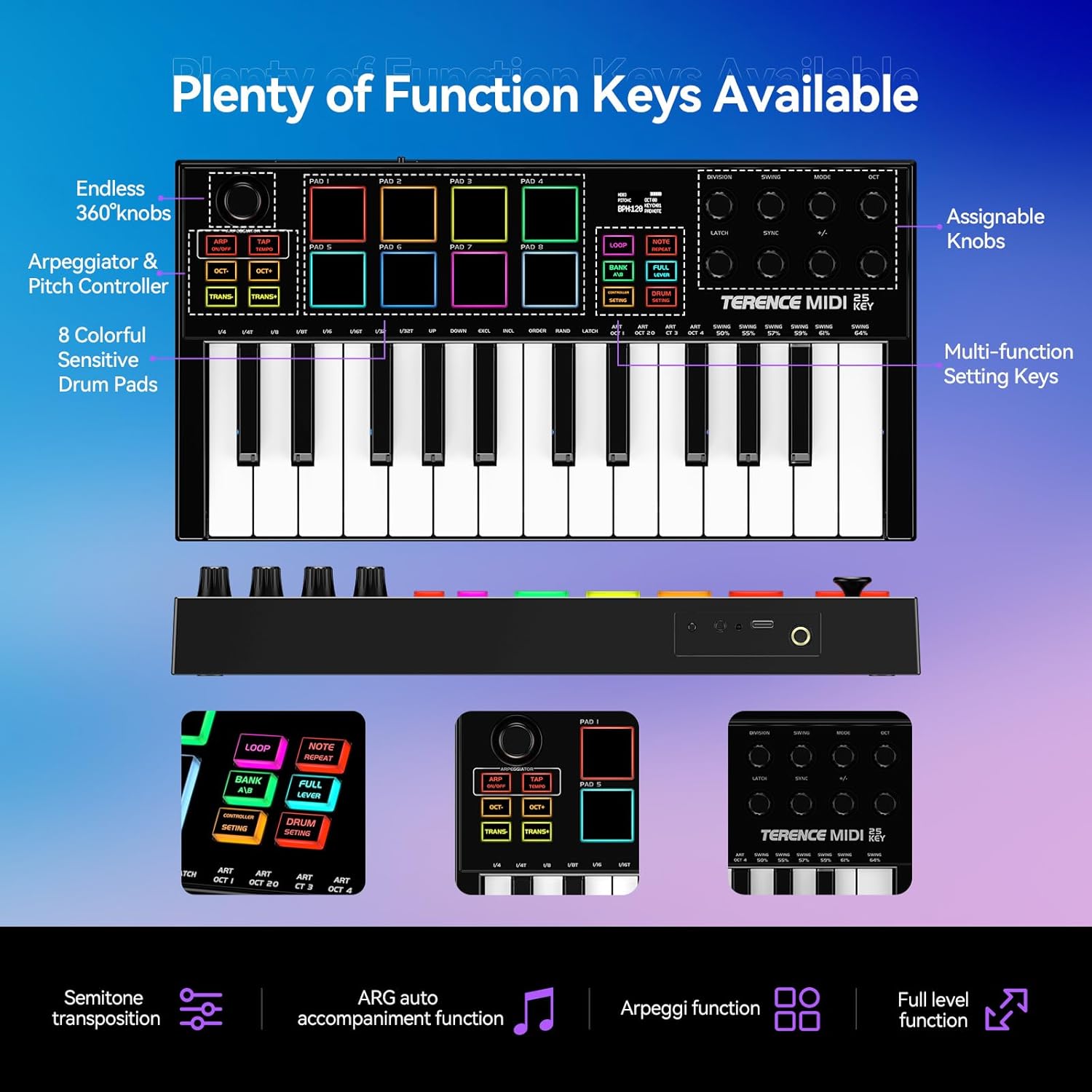 Close-up of TERENCE MIDI keyboard showing knobs, pads, and OLED display