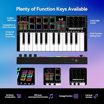 TERENCE MIDI Keyboard Controller with 25 Keys Professional 500 mAh 8 RGB Pads 360° Rotary Knob without End 8 Assignable Knobs OLED Display Compatible with Multiple DAWs and Devices