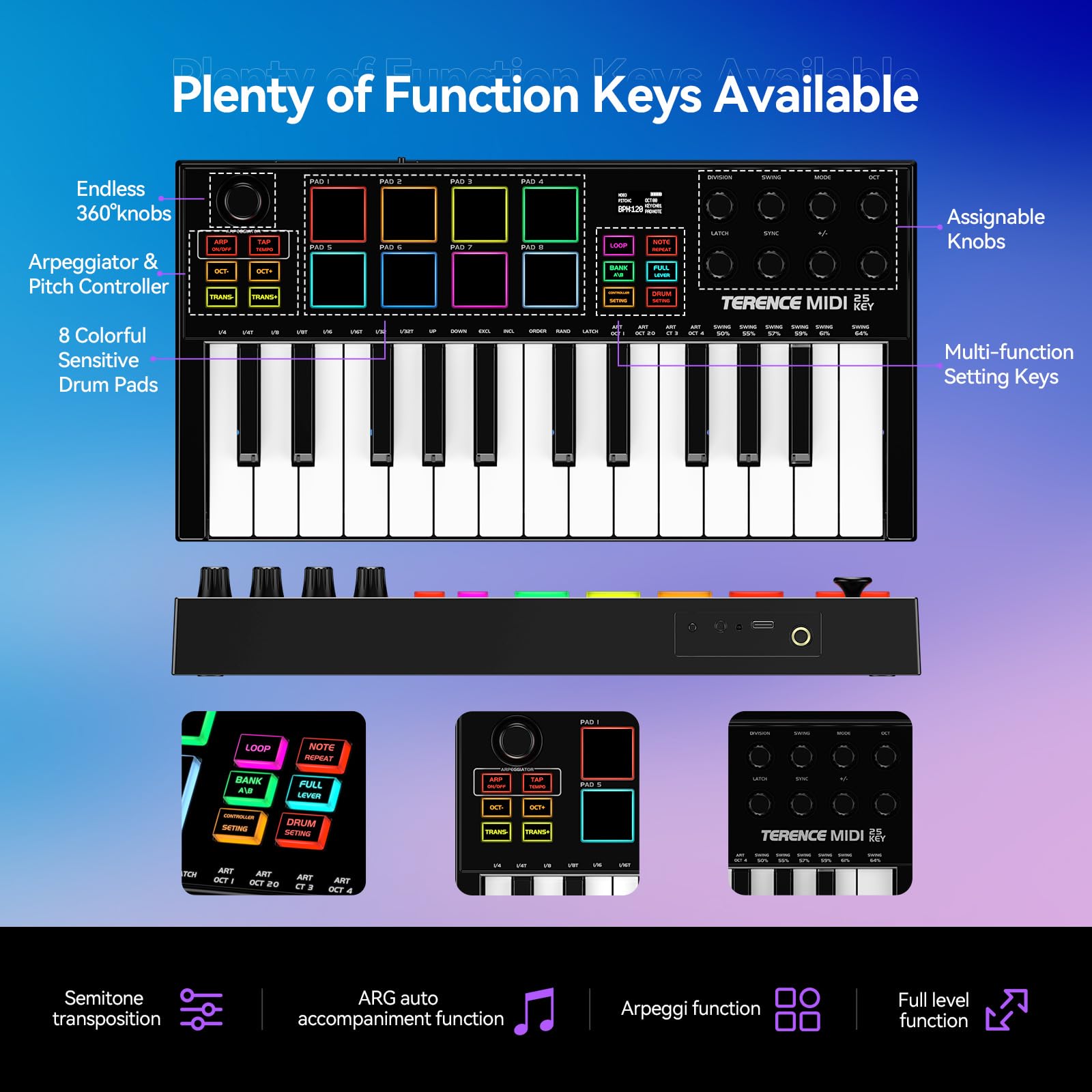 TERENCE Clavier MIDI de 25 Touches Professionnel MIDI Keyboard Contrôleur 500 mAh 8 Pads RGB Bouton Rotatif à 360° Sans Fin 8 Boutons Assignables Écran OLED Compatible avec Plusieurs DAW et Appareils