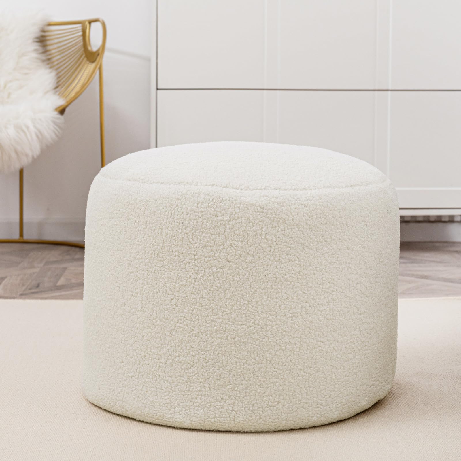 Round Stuffed Pouf Ottoman Faux Wool Fur Pouf with Polyester Fiber Pouf Filling Furry Pouf Foot Stool Storage Ottoman 20 X 14 Floor Poufs Foot Rest for Living Room (Ivory)