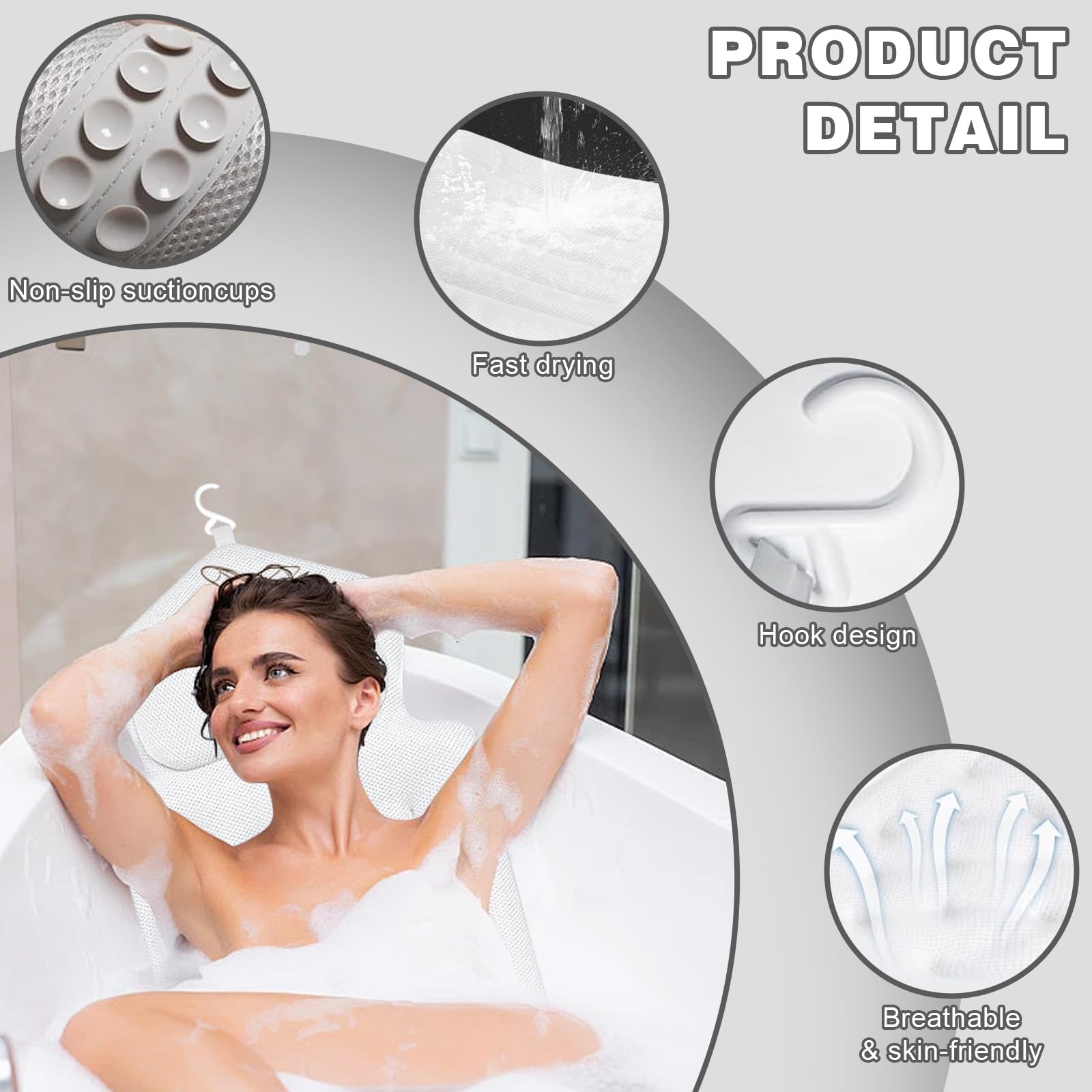 Badewannenkissen Ganzkörper 134×41 cm, Dickes Luxus-Badekissen mit Kopfstütze & Lendenstütze, Schnelltrocknendes Hautfreundliches Kissen für Nacken- & Schulterentlastung