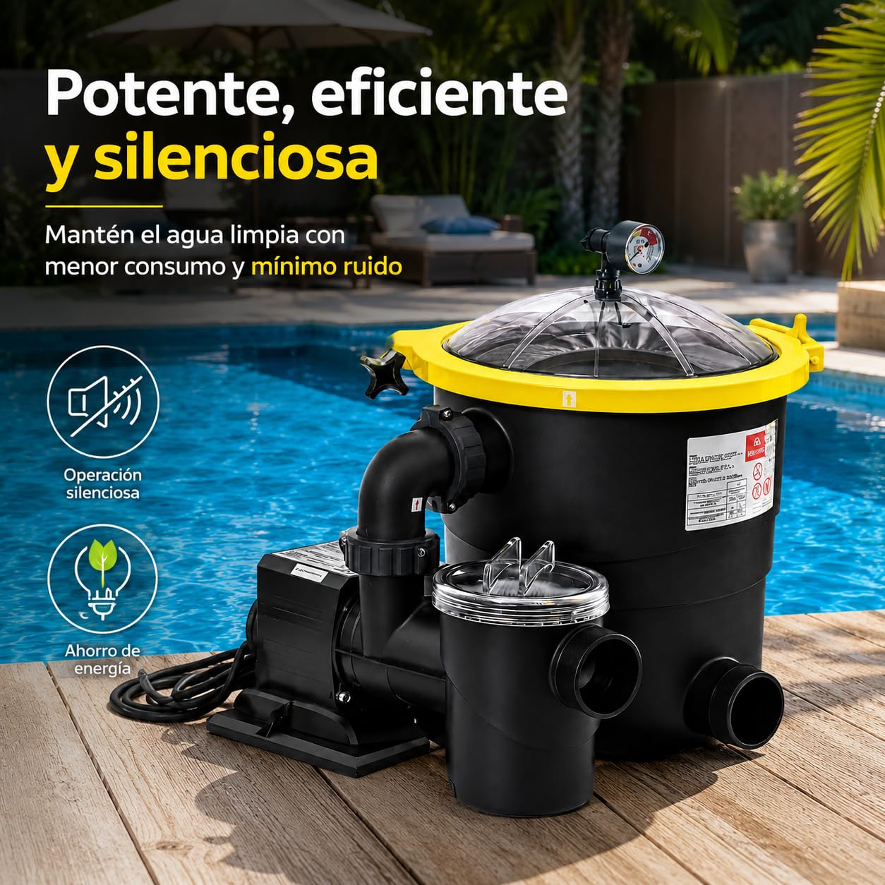Depuradora de piscina TOPFILTER 4.800 l/h, ULTRASILENCIOSO bomba de solo 80W con prefiltro y conexión Intex ® / Bestway ® 32 y 38 mm