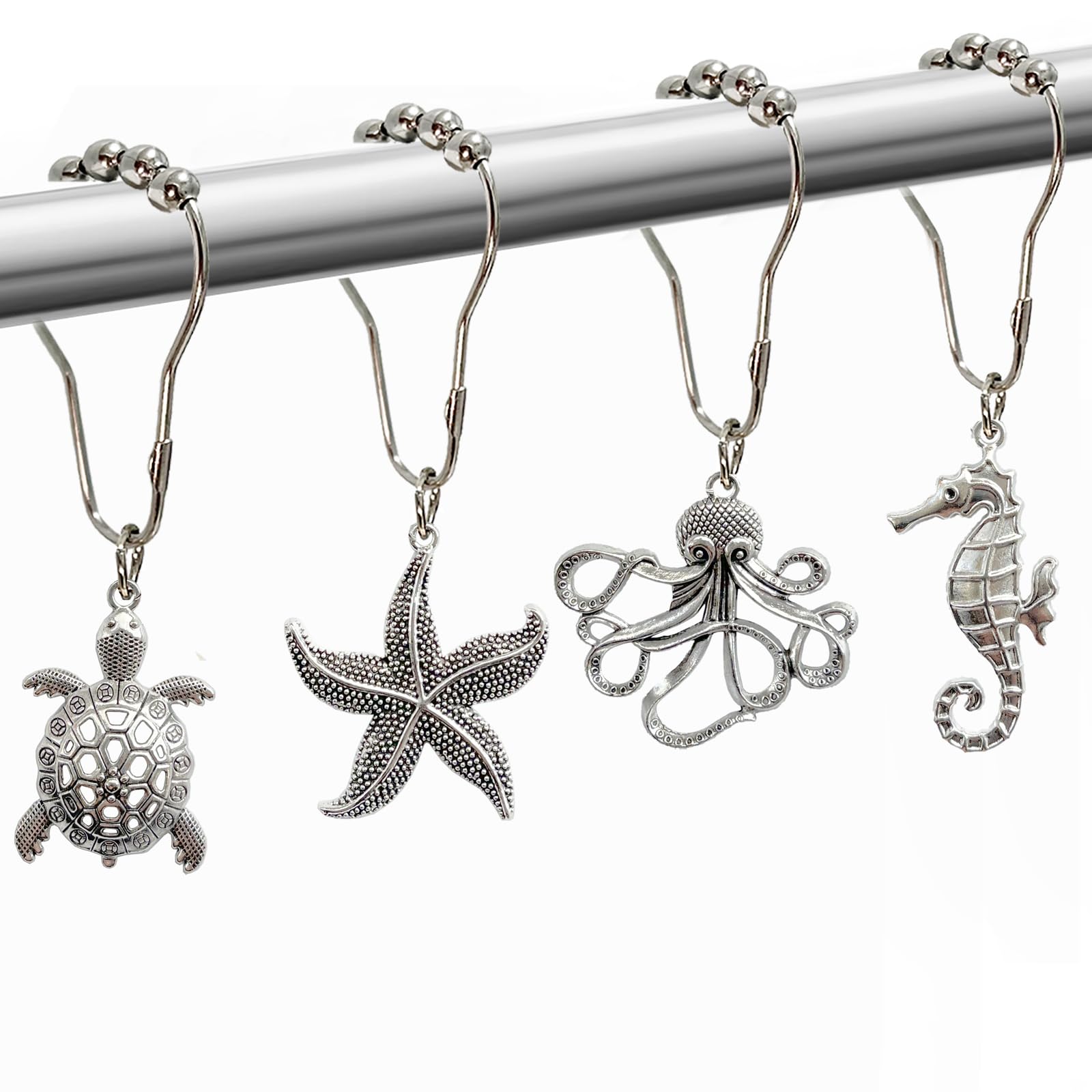 Beach Shower Curtain Hooks, Beach Bathroom Decor Starfish Sea Turtle Octopus Seahorse Ocean Shower Curtain Hooks Ring Cute Coastal Decorative Shower Hooks for Curtain Set of 12