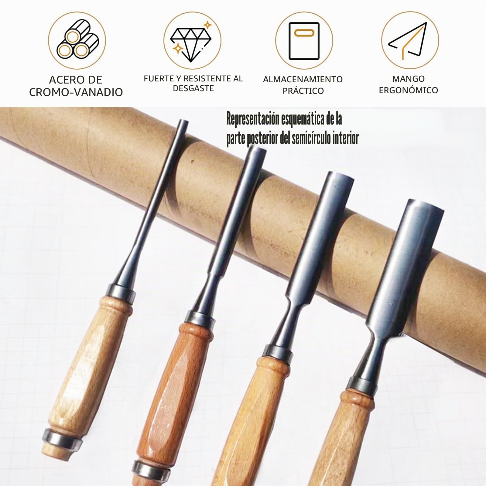 4 piezas de juego de cinceles de madera, herramientas de cincel curvo redondo y cóncavo, juego de cinceles de acero CR-V con borde semicircular de 8 mm (5/16")/12 mm (1/2")/18 mm (3/4")/24 mm (1