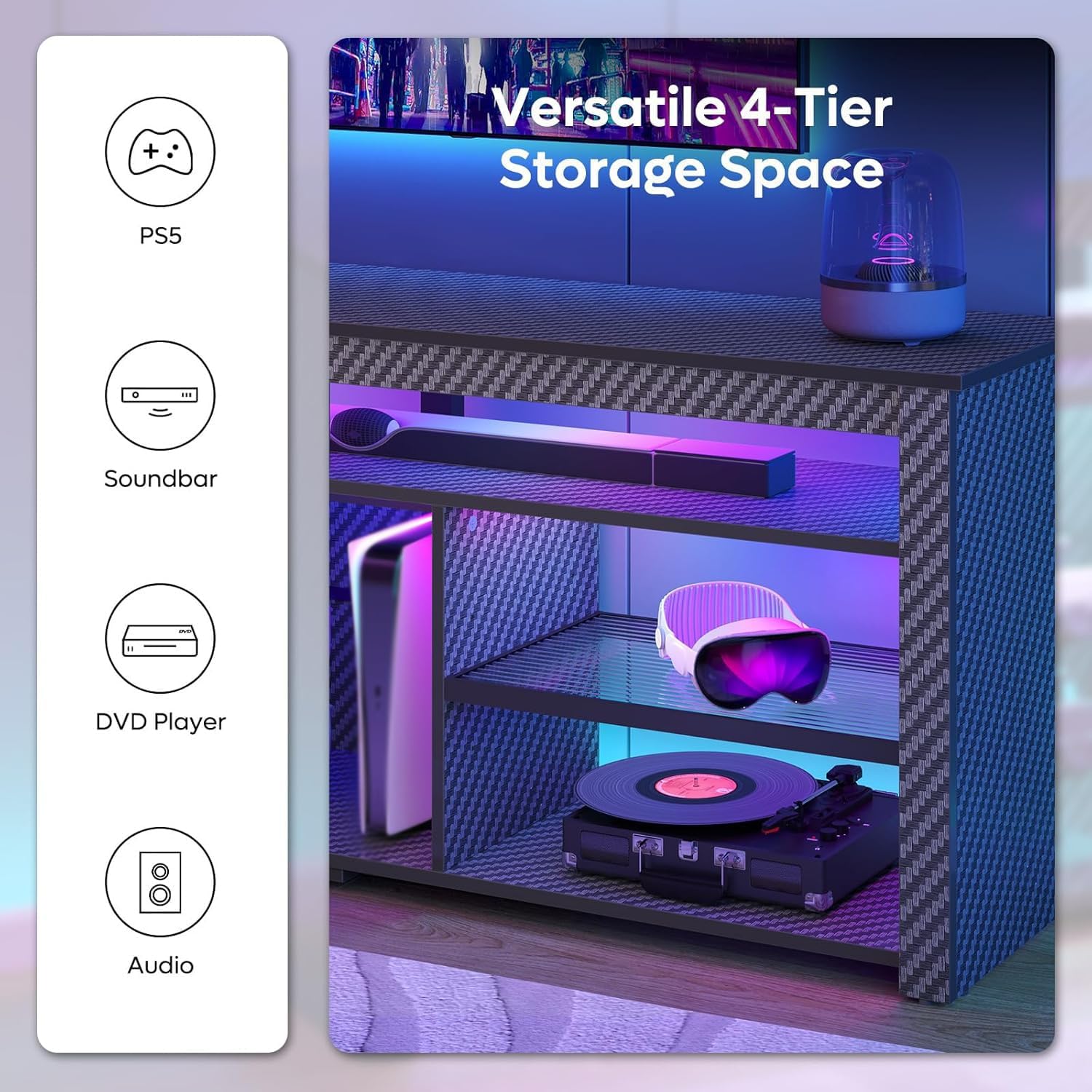 Bestier TV Stand for 70 inch TV, Tall Entertainment Center with 2 Led Lights, Gaming TV Console with Storage for PS5, Modern TV Cabinet for Bedroom, Living Room, Black Carbon Fiber - Image 3