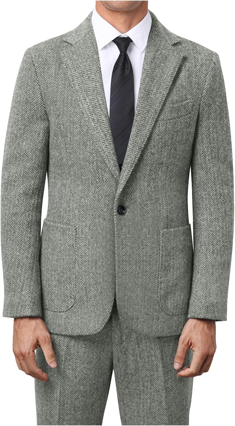 Mens Herringbone Tweed Tuxedo Suits Slim Fit 2 Piece Tea Formal Tweed Suit Prom Wedding Suit Jacket Pants Groom Tuxedos S
