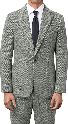 Hipfun Mens Herringbone Tweed Tuxedo Suits Slim Fit 2 Piece Tea Formal Tweed Sui
