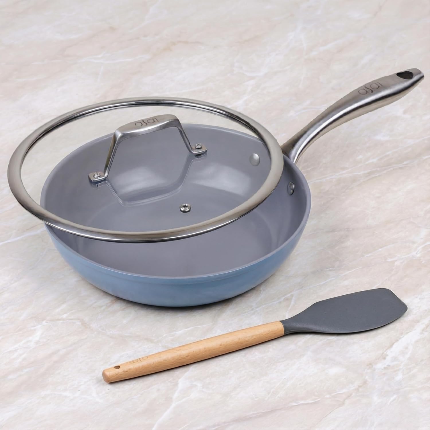 Asai Ceramic Non Stick Frying Pan 24cm with Glass Lid & Silicone Spatula | 100% Toxin Free | Superior Swiss Ceramic Cookware | Induction Base | Stay Cool Steel Handle | Nonstick Fry Pan | Lab Tested Asai Ceramic Non Stick Frying Pan 24cm with Glass Lid & Silicone Spatula | 100% Toxin Free | Superior Swiss Ceramic Cookware | Induction Base | Stay Cool Steel Handle | Nonstick Fry Pan | Lab Tested