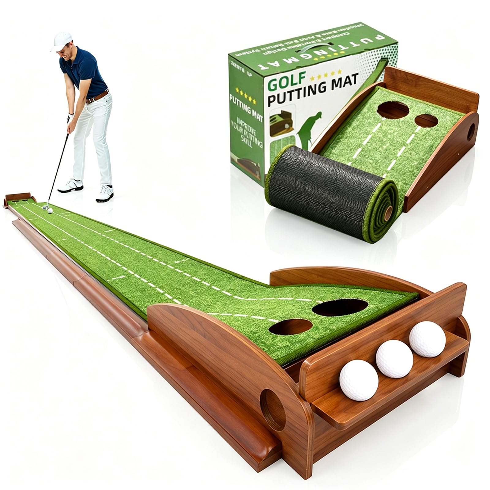 Golf Putting Mat Indoor with Auto Ball Return, 10ft Crystal Velvet Turf Putting Green, Solid Wood Base Putting Practice Mat for Home, Golf Training Aid Accessories for Men Women Gift Garden