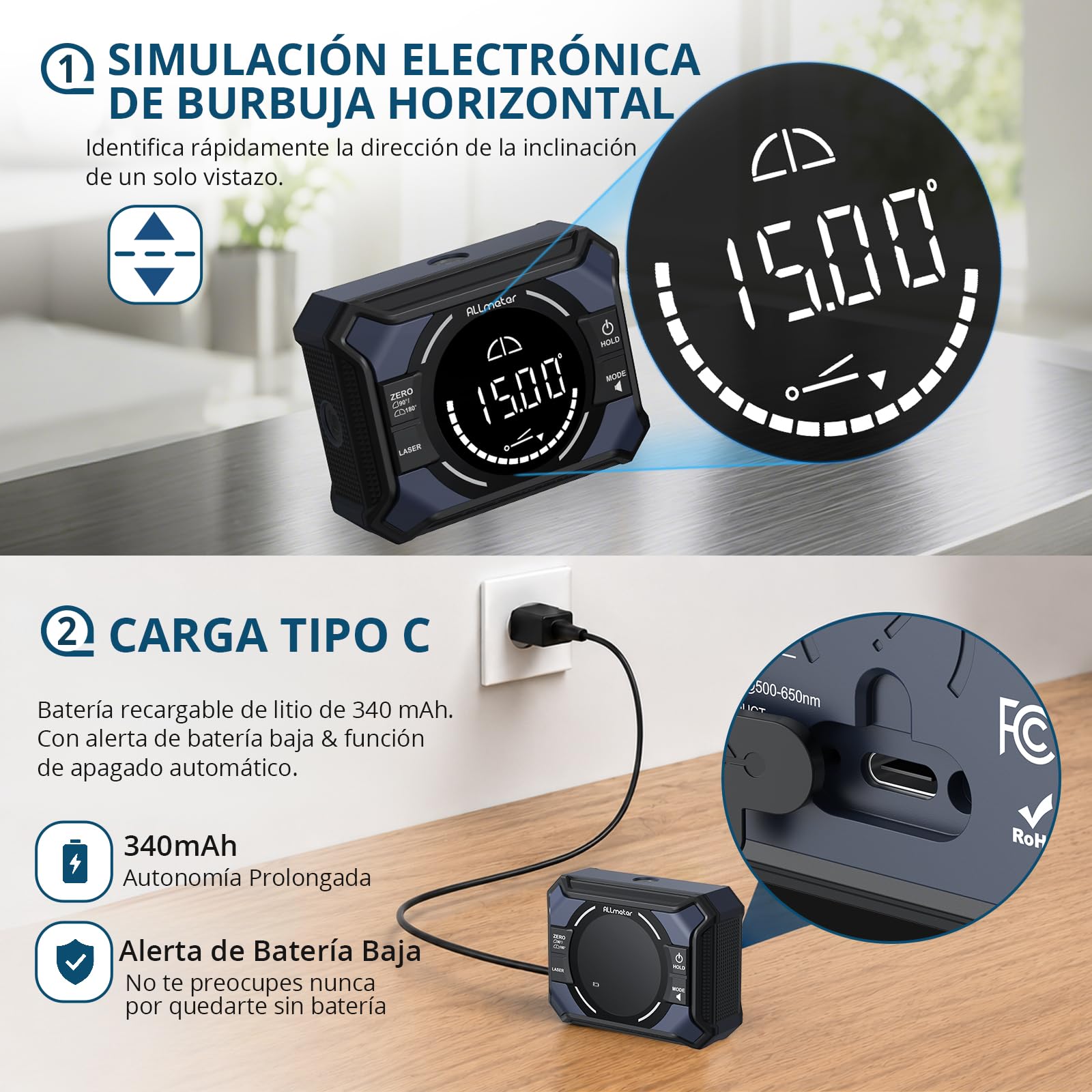 Inclinómetro Digital 3-en-1 con Doble Línea Láser Roja, Precisión ±0,1°/0,2° y Base Magnética, Medidor de Ángulos Recargable 4×90° y 2×180° Para Carpintería, Paredes y Bricolaje