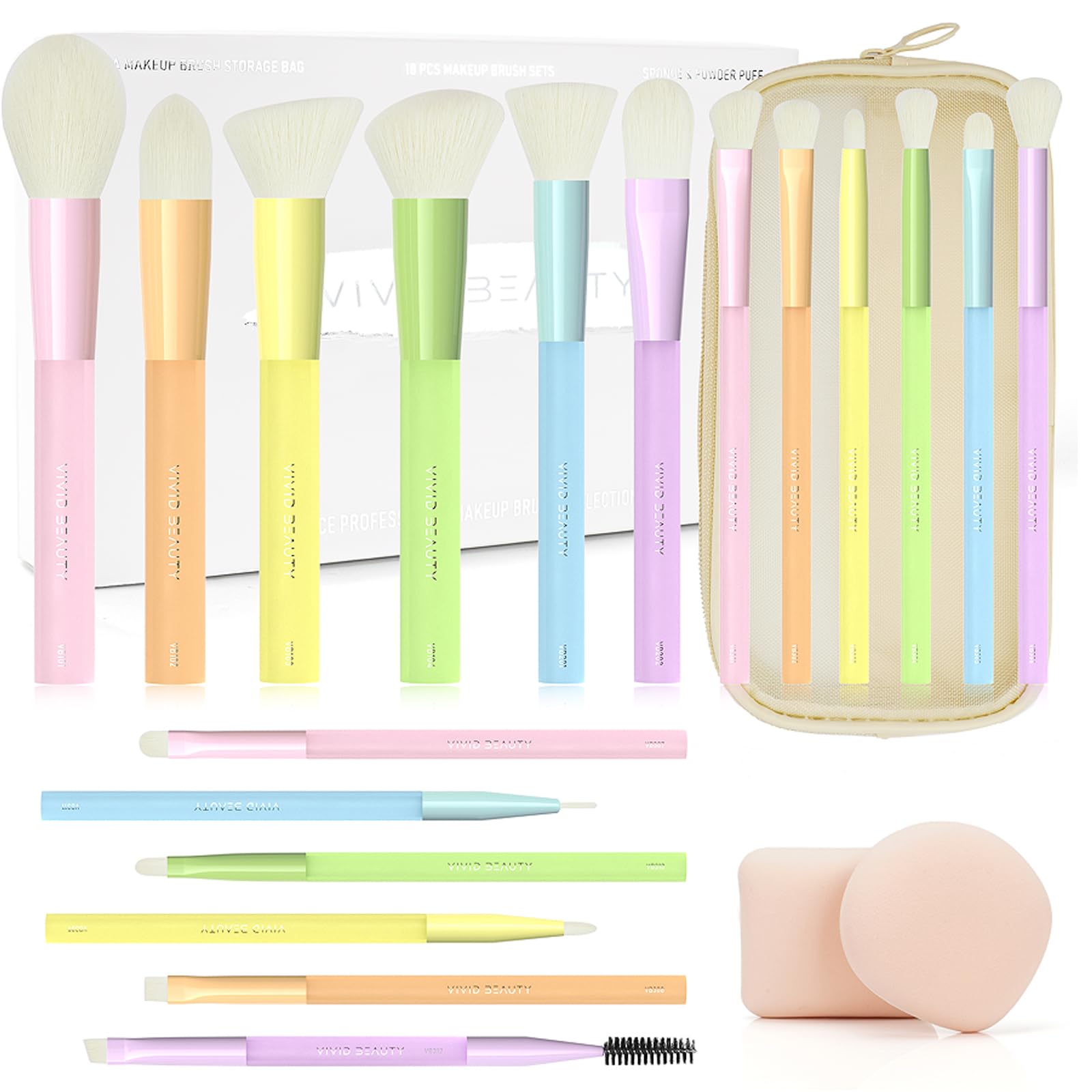 Juego de 18 brochas de maquillaje coloridas con bolsa de maquillaje de esponja de maquillaje, kit profesional de brochas de maquillaje Kabuki para base, corrector, caja de regalo para los