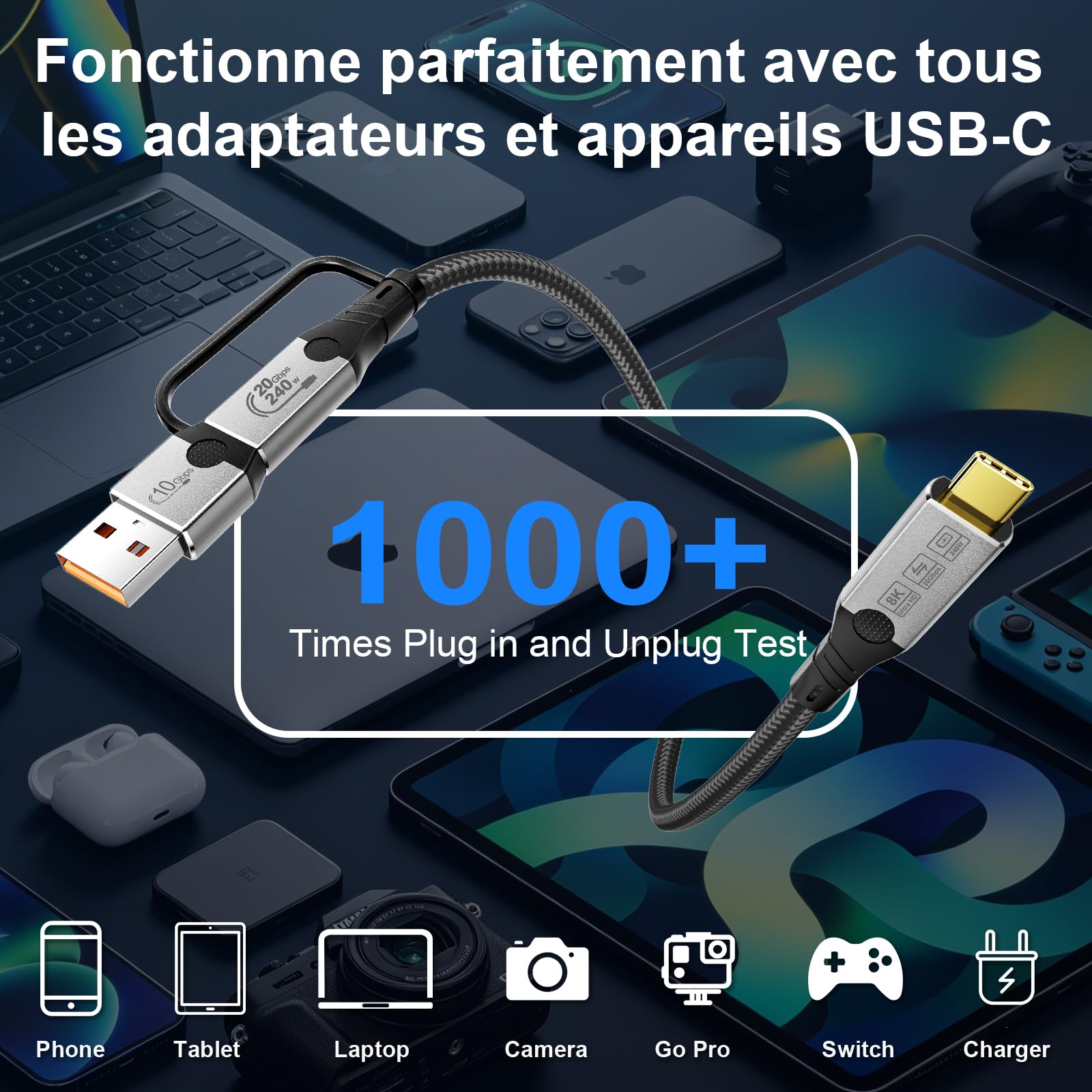 Câble2-en-1 USB A/C vers USB-C,240W,20Gbps,Vidéo 8K@60Hz，