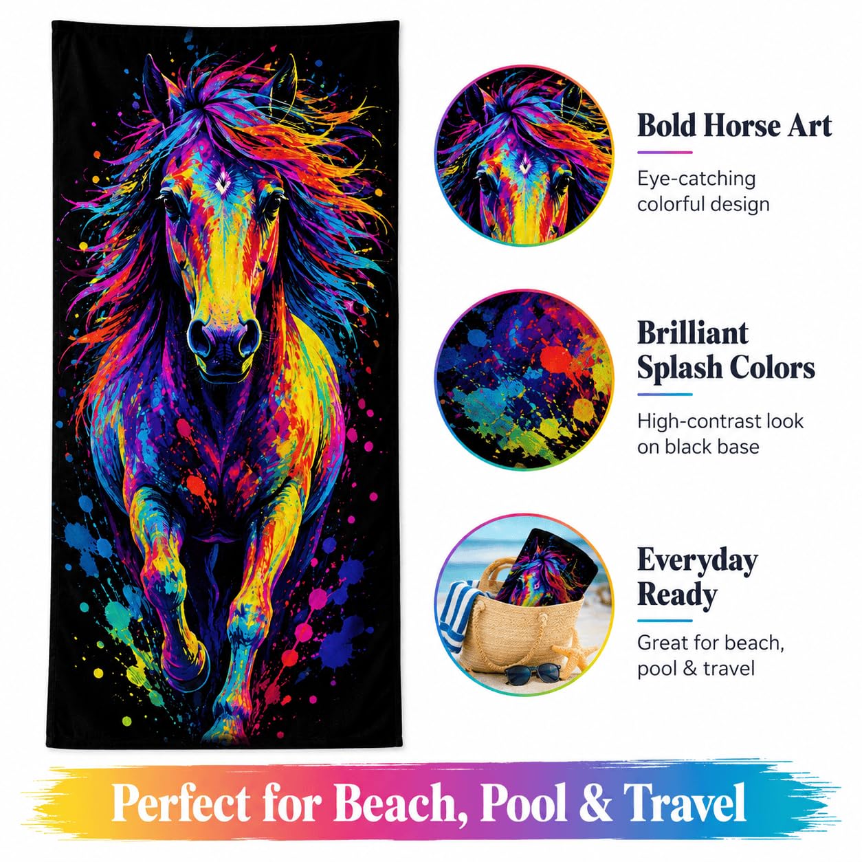 Telo Mare Microfibra Cavallo Colorato Asciugatura Rapida | Asciugamano da Spiaggia Cavallo Astratto, 145x200 cm, Assorbente, Accessori Mare, per Palestra Viaggio