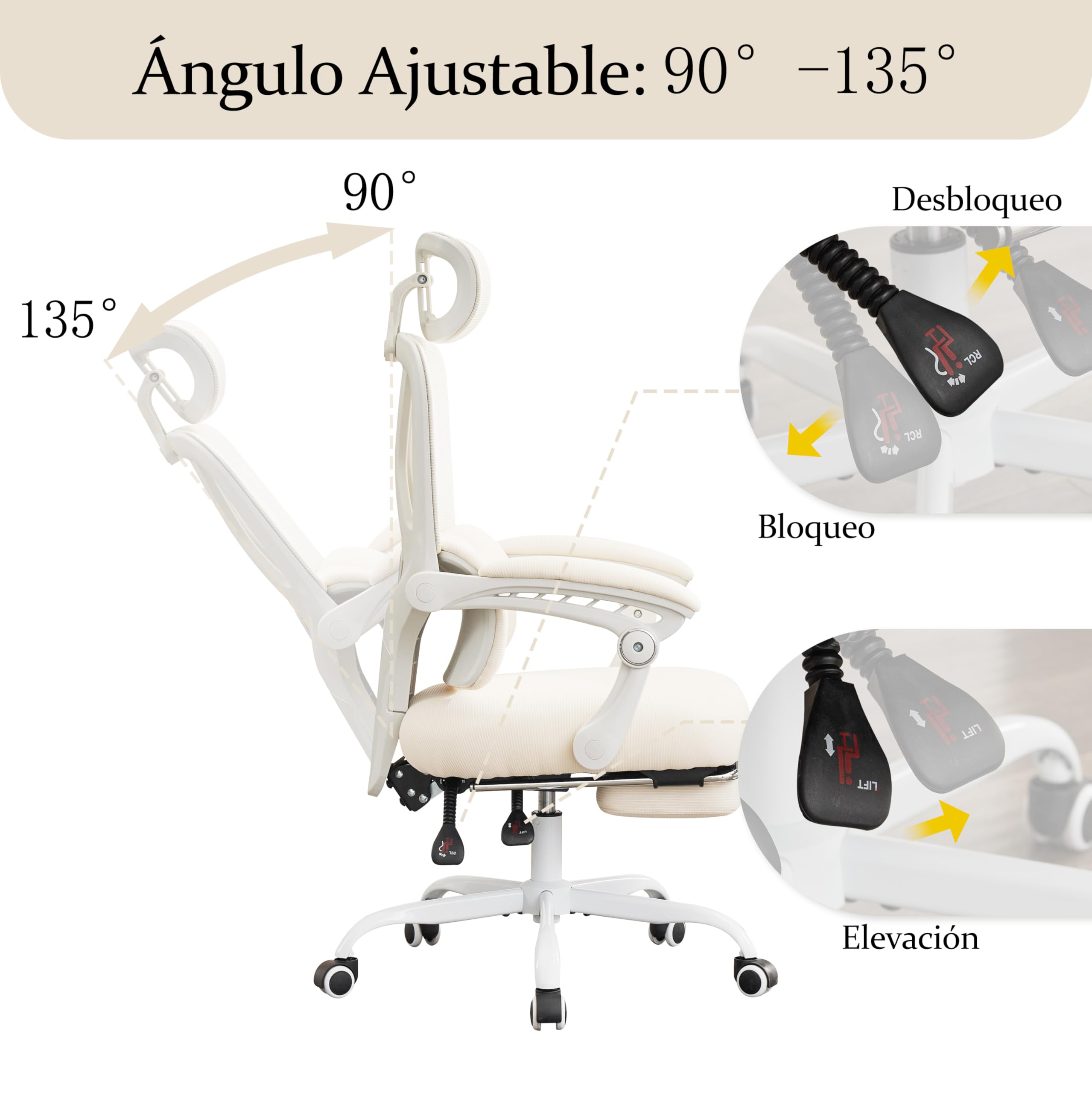UEV Silla de Oficina Ergonómica Lumbar con Ajuste de 90°-135°, Silla de Oficina con Cómodo Soporte Corporal, Sillas Ergonómicas Estables y Funcionales, 64x64x(112-120) cm, Beige | Silla giratoria de escritorio, inclinable hasta 135°, altura regulable, sop