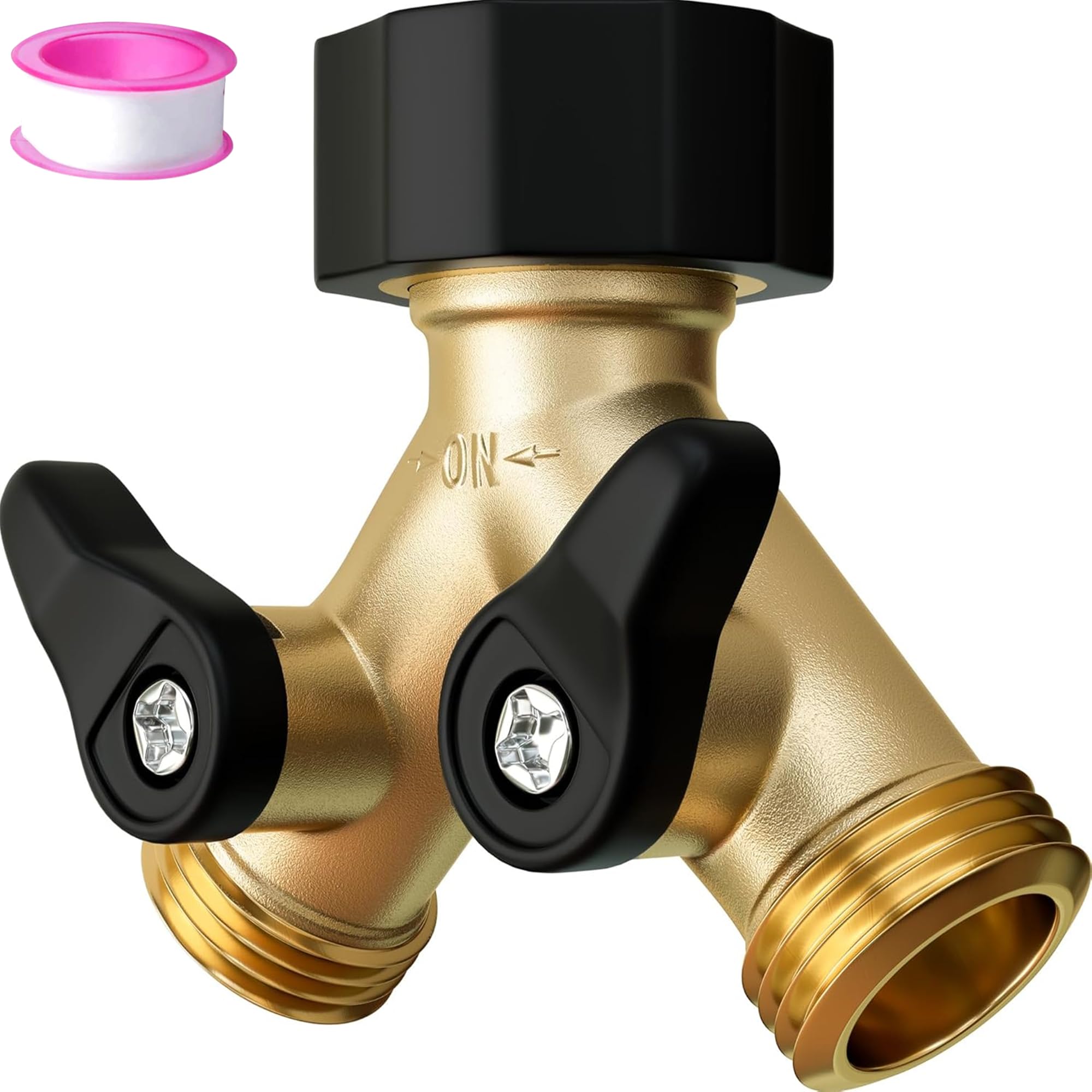 3/4" Brass Y Splitter Two-Way Faucet With Independent on/Off Valve - Outdoor Water Tap Splitter for Home Kitchens and Gardens
