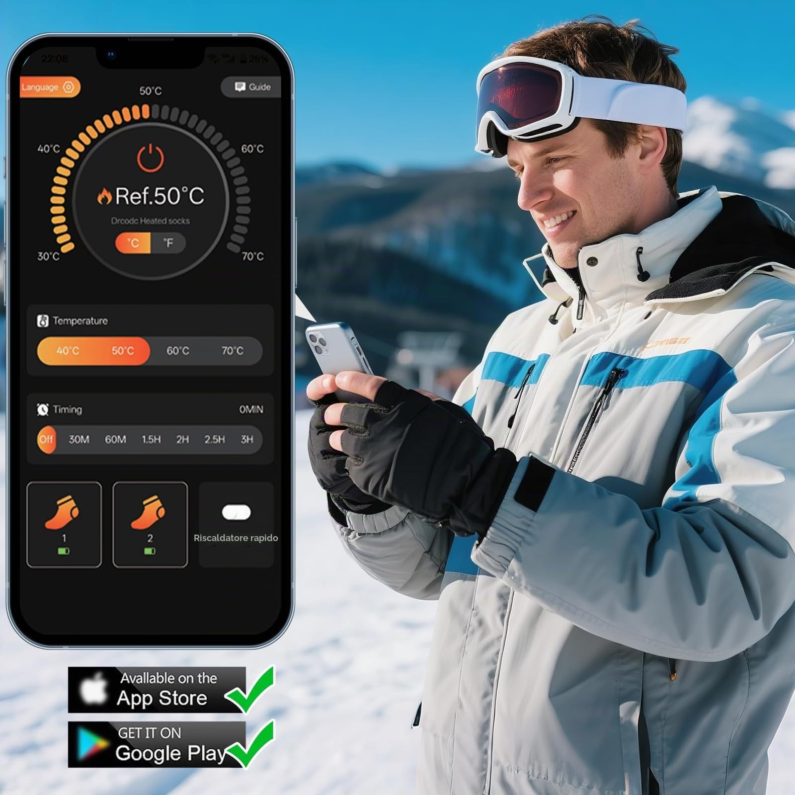 Qoosea Calze Riscaldanti per Uomo & Donna 8500mAh Ricaricabili Elettriche con Controllo APP & Pulsante 4 Impostazioni Temperatura Lavabile in Lavatrice per Sci Camping Escursionismo Pesca Inverno(S)