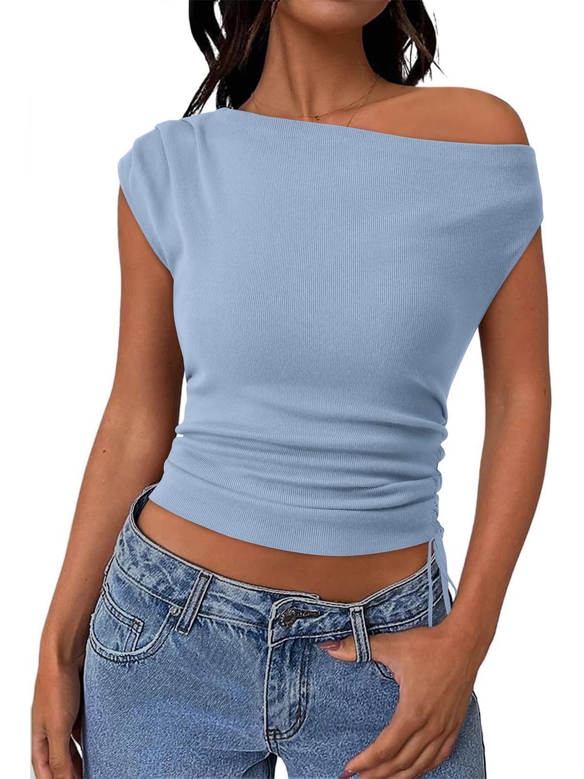 PRETTYGARDEN Womens 2025 Summer Off The Shoulder Crop Cute Tops Sleeveless One Shoulder Ruched Y2K Going Out Tank Top