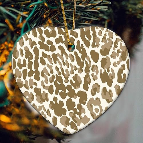 Miniatura 2 de Adorno navideño de cerámica con forma de corazón, estampado de leopardo, guepardo, estilo chinoiserie, adornos caqui y beige, adornos de porcelana