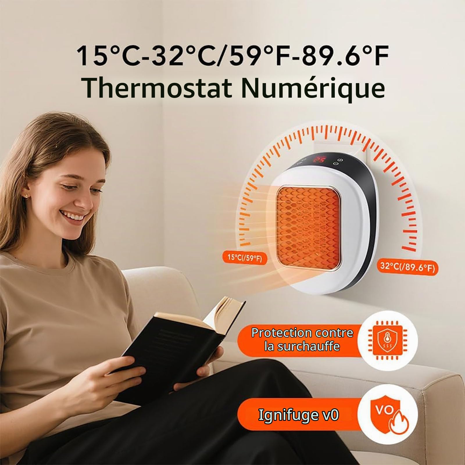 Réfacteur portable Lunaheater - chaleur en céramique instantanée en 30 secondes, mini radiateur d'espace 600 W avec bougie rotative, thermostat réglable, affichage LED et télécommande (White)