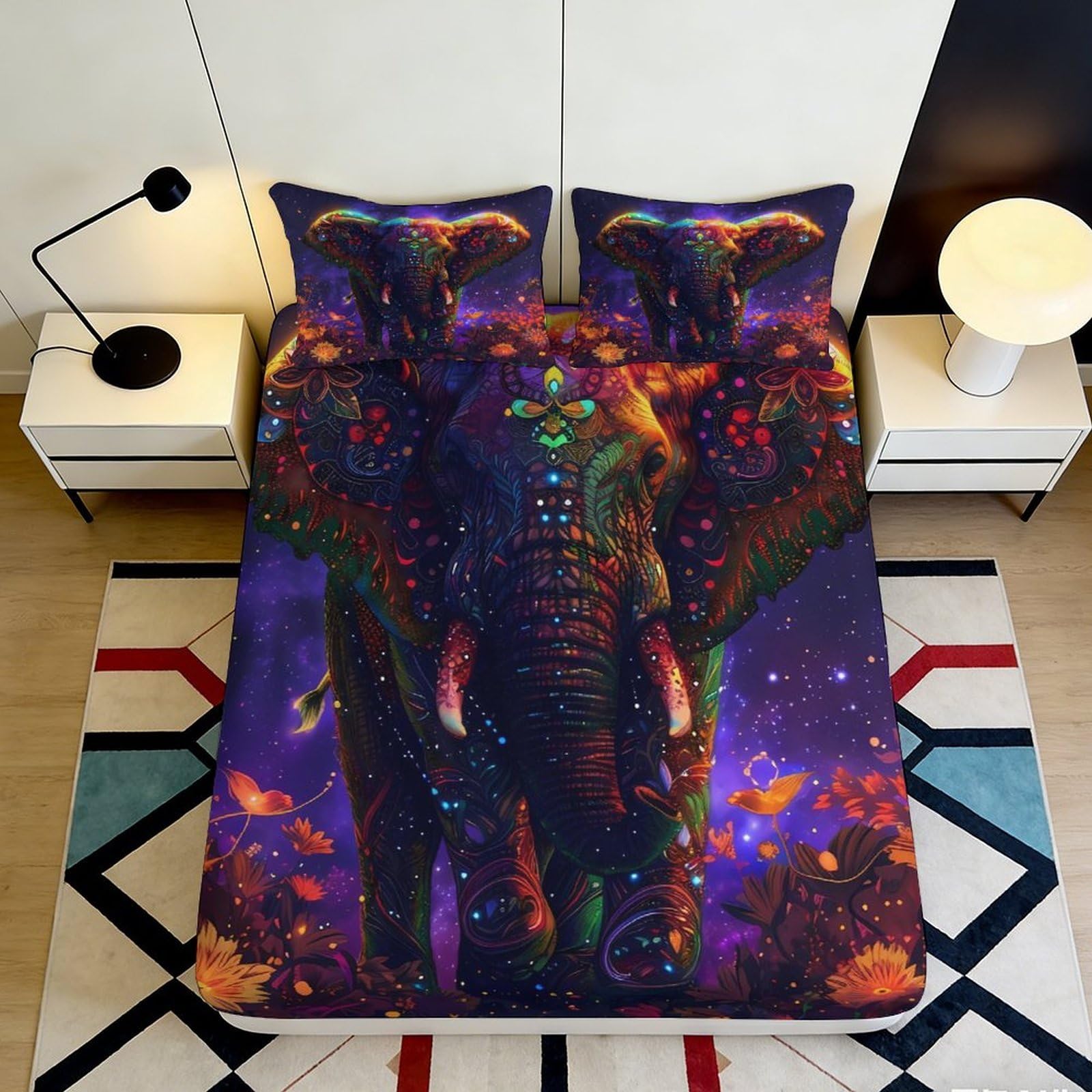 3D Printed Colorful Elephant Fitted Sheet Microfiber Artistic Bed Cover for Bedroom Dorm Mattress Protection Decor 90x200x25cm