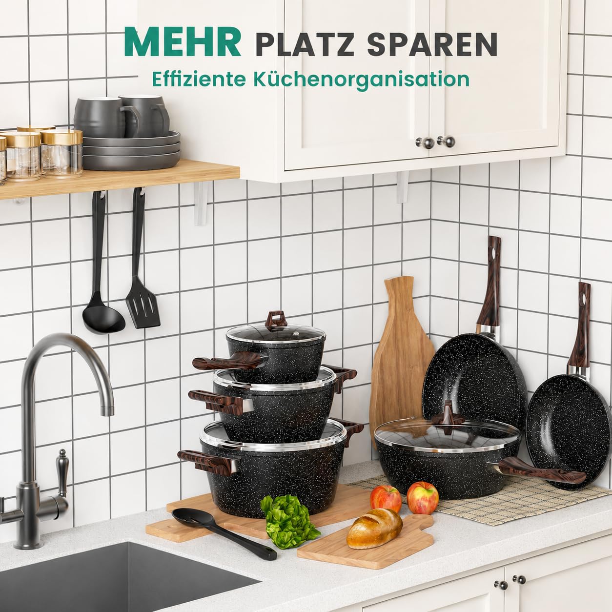 Topfset Induktion und Pfannenset Induktions Töpfe Set 13-teiliges Granit-Antihaft-Kochgeschirr Set mit Bratpfann, Kochtopf & Stielkasseroll, Glasdeckeln, PFAS und PFOA Frei