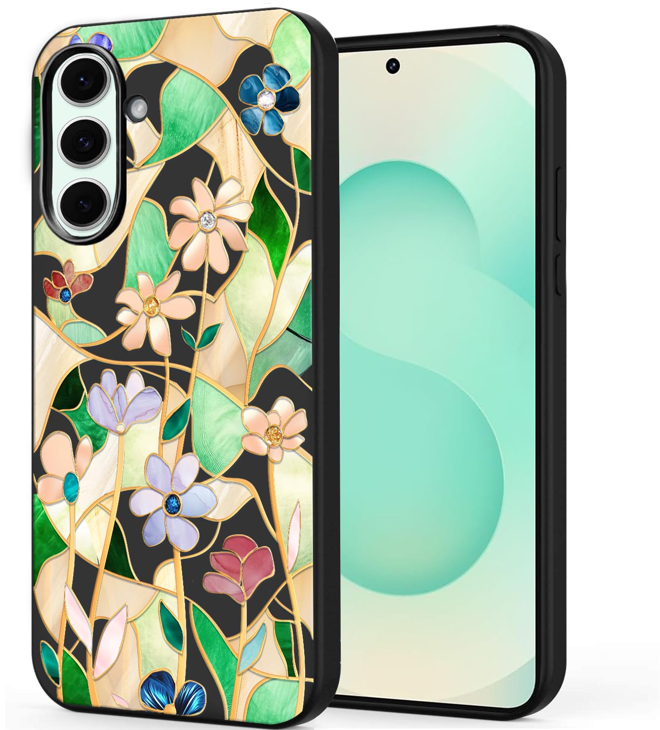 Unov Case Compatible with Galaxy S25 5G with Floral Stained Glass Flower Girly Embossed Pattern Design Slim Protective Soft TPU Bumper Back Cover