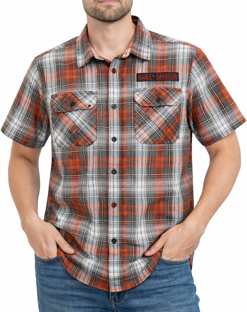Harley-Davidson Men's Plaid Button Shirt, Block Font, Orange - 96738-25VM
