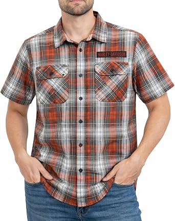Harley-Davidson Men's Plaid Button Shirt, Block Font, Orange - 96738-25VM