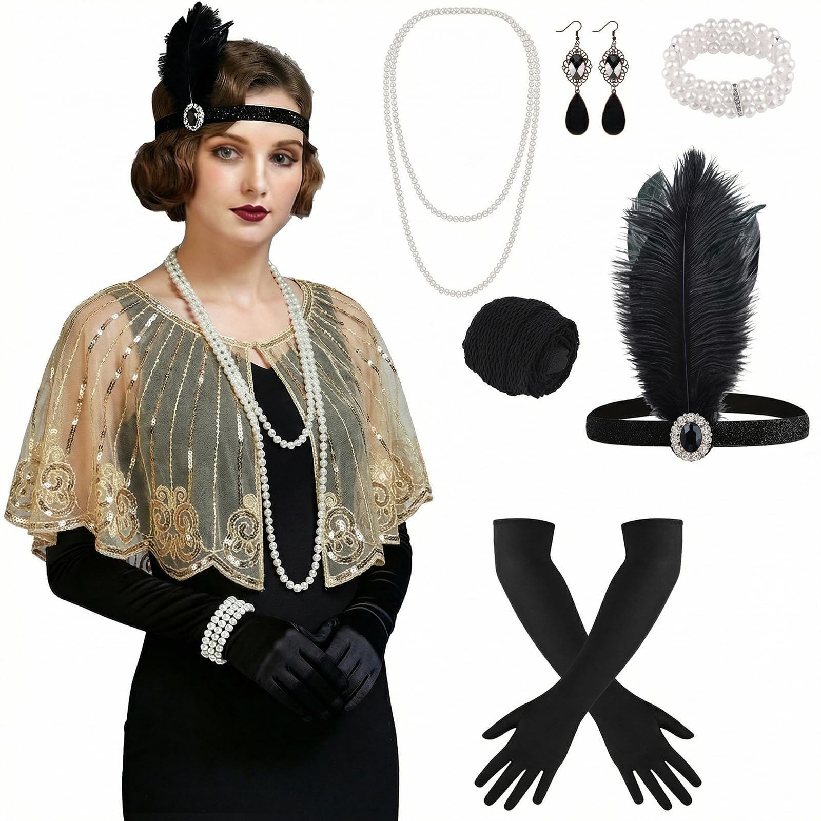 ELECLAND 10 Pieces 1920s Flapper Gatsby Accessories Set Fashion Roaring 20s Theme Set with Headband Headwear for Women (Apricot Gold, Style 2) — image 1