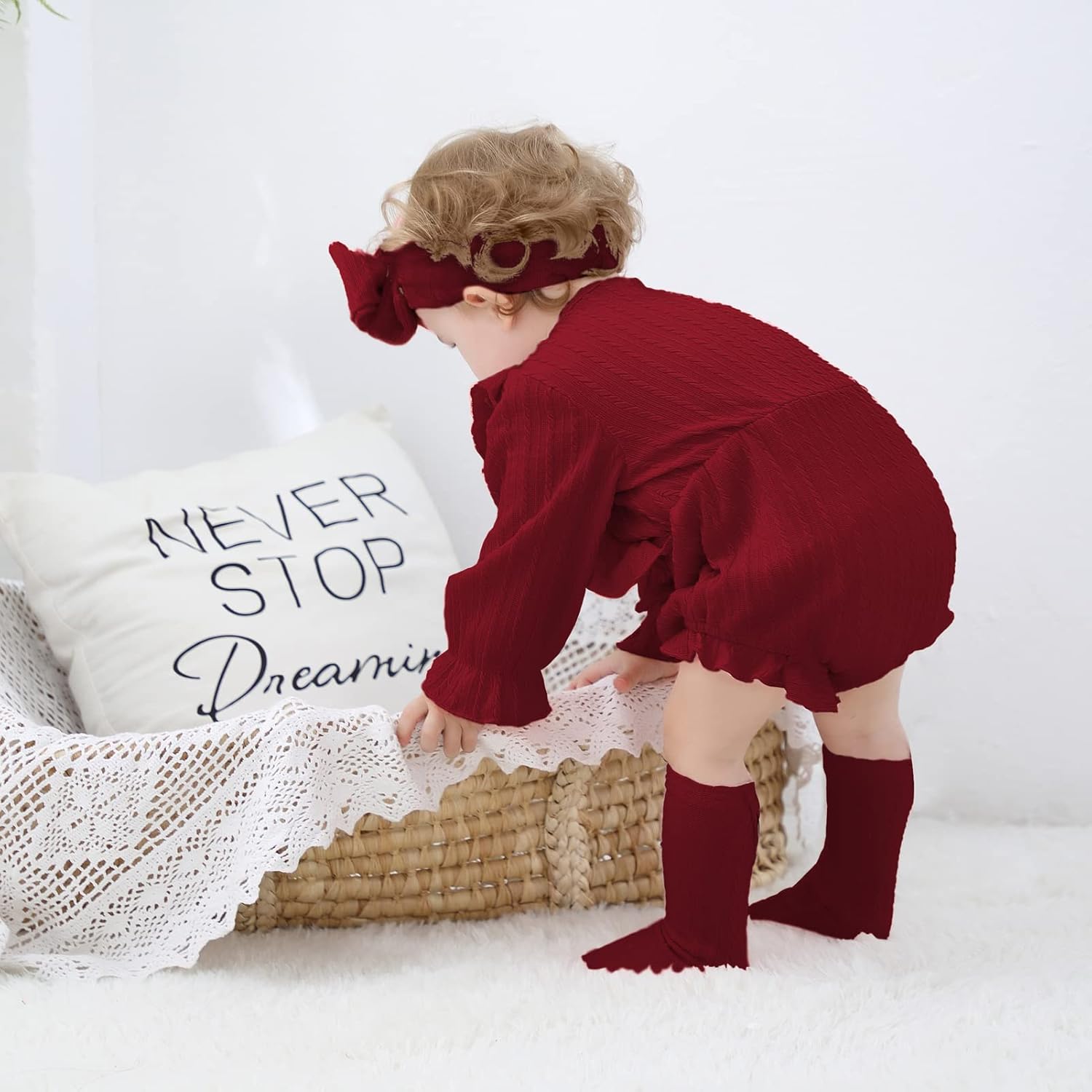 GRNSHTS Newborn Baby Girl Clothes Ruffle Solid Sweater Long Sleeve Romper+Hairband+Socks 3Pcs Fall Winter Outfits - Image 6