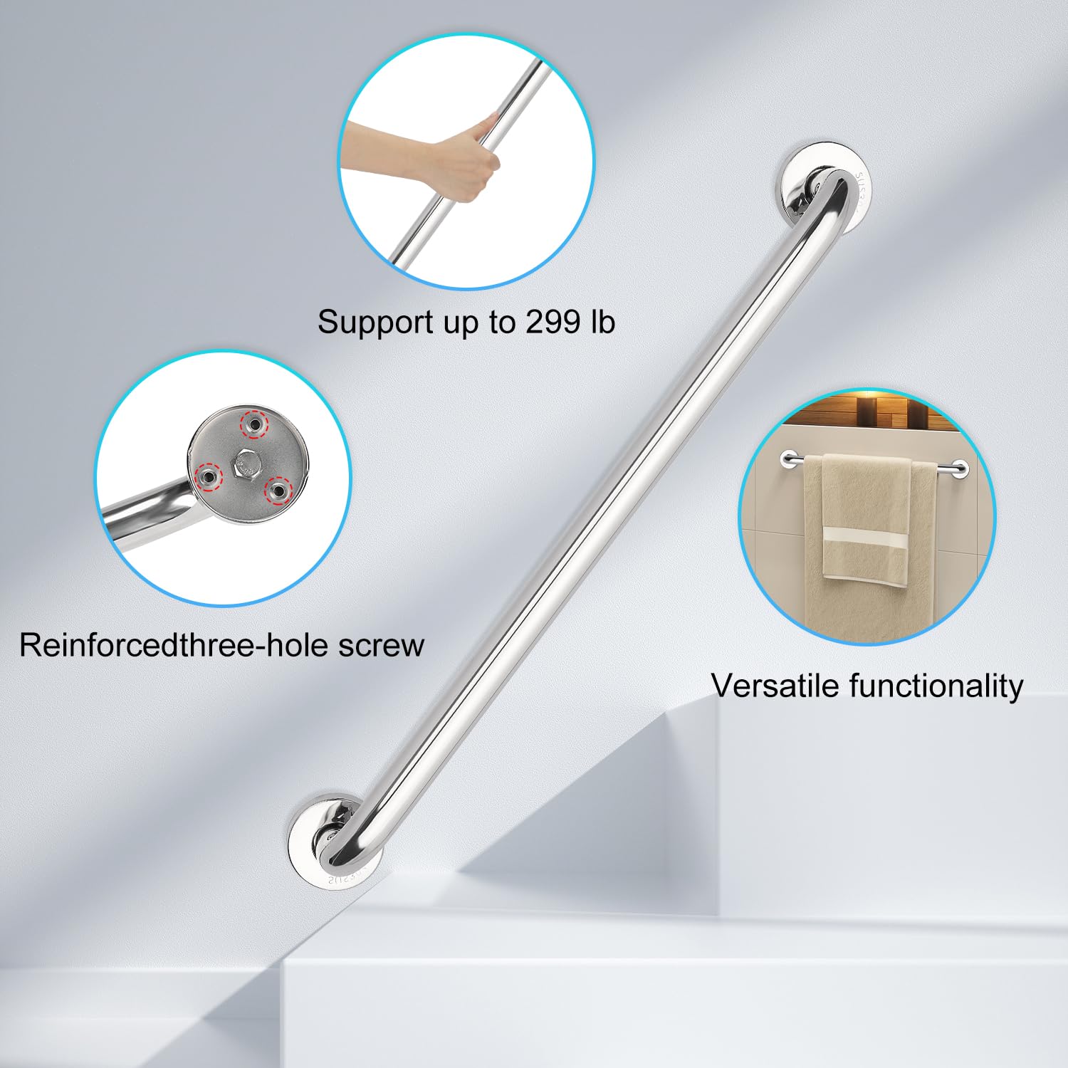 supregear Barra D'appoggio per Bagno, Maniglia in Acciaio Inossidabile 304 Barra di Sicurezza per WC Cucina Camera da Letto Vasca da Bagno, Montaggio a Parete con Viti Nascoste
