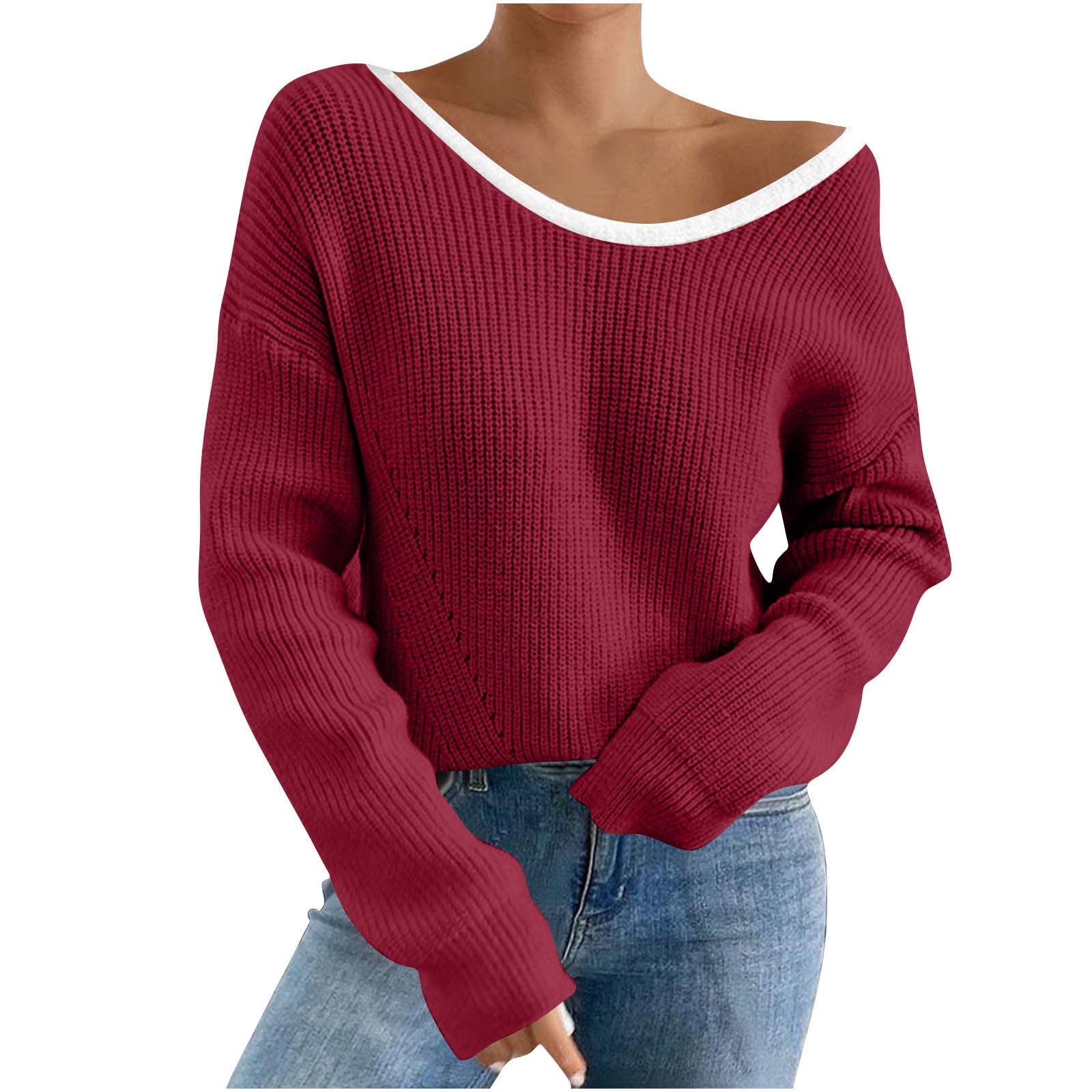Womens Knitted Sweater Pullover Long Sleeve V Neck Tops Bow Back Off The Shoulder Casual Sweater 2025 Fashion