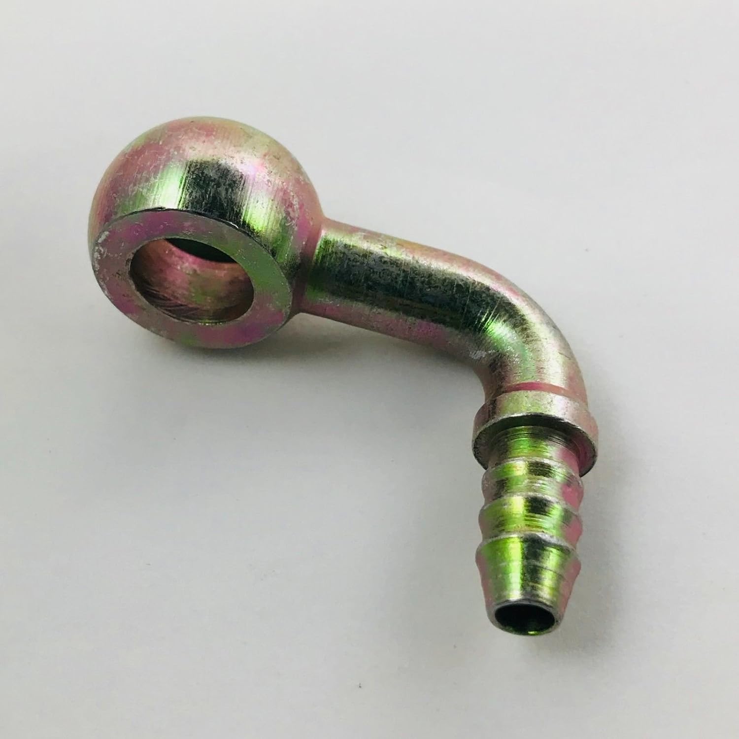 Fitting 1/4 Hose Barb x 12mm or 7/16 Banjo Steel Zinc plated 90 Degree Elbow
