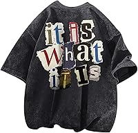 Zoemghc Men's Vintage Oversize Graphic Tee - Funny 'It Is What It Is' Acid Wash Streetwear T-Shirt Casual Top