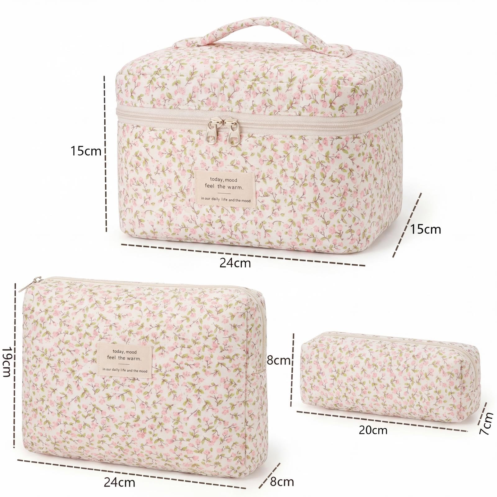 3er Set Kosmetiktasche, kulturtasche Damen mit Blumenmuster, Gesteppte kulturbeutel Make Up Tasche Reise, Tragbare Schminktasche Makeup Bag für Mädchen Frauen, Organizer Waschtasche - 2